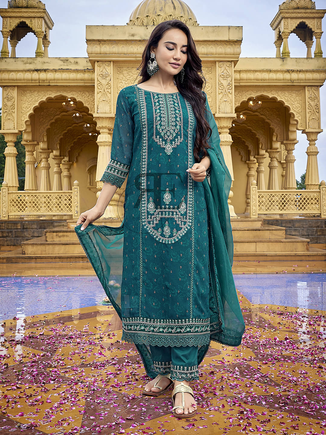     			Royal Export Georgette Embroidered Kurti With Pants Women's Stitched Salwar Suit - Light Green ( Pack of 1 )