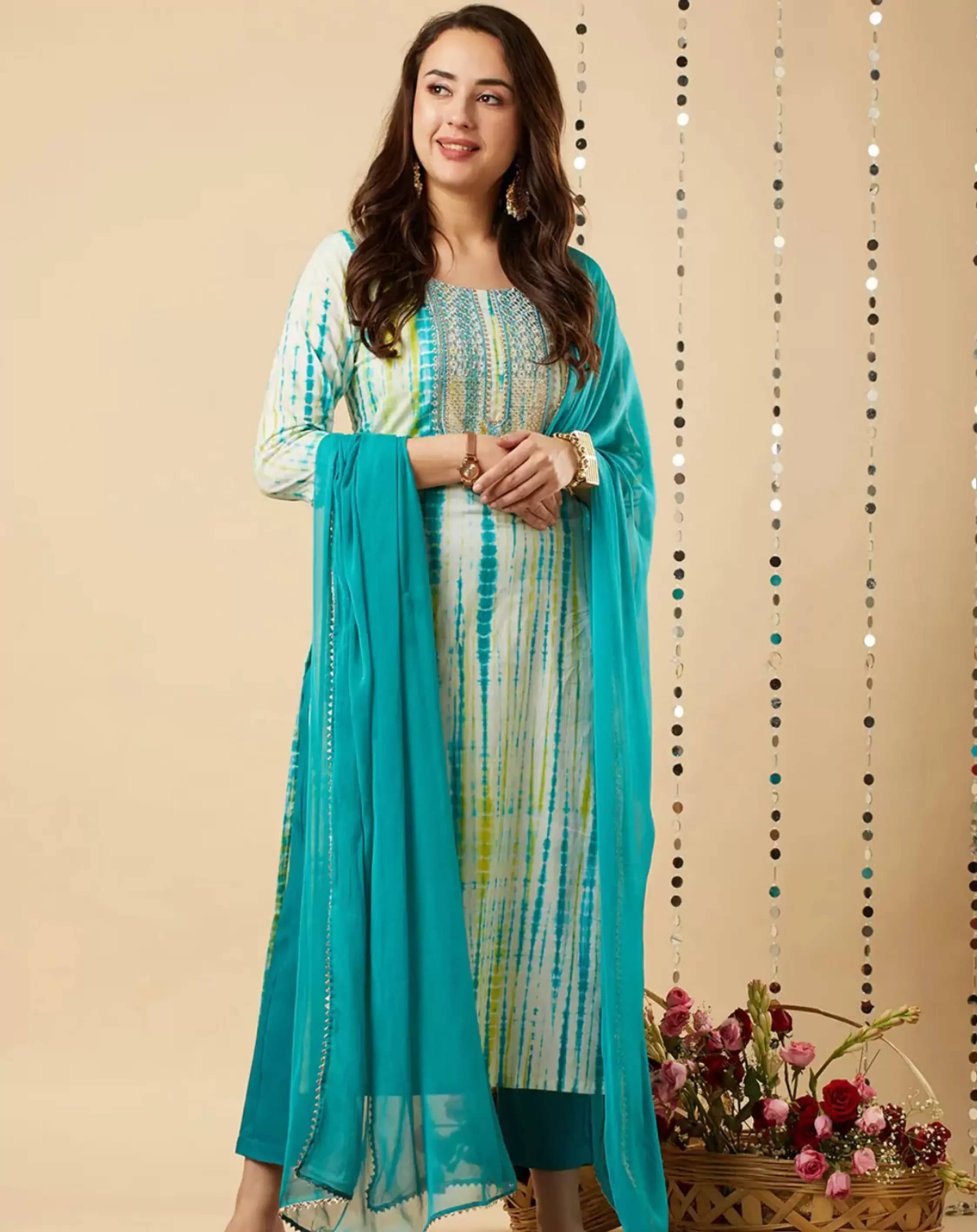     			Royal Export Viscose Dyed Kurti With Pants Women's Stitched Salwar Suit - Light Blue ( Pack of 1 )