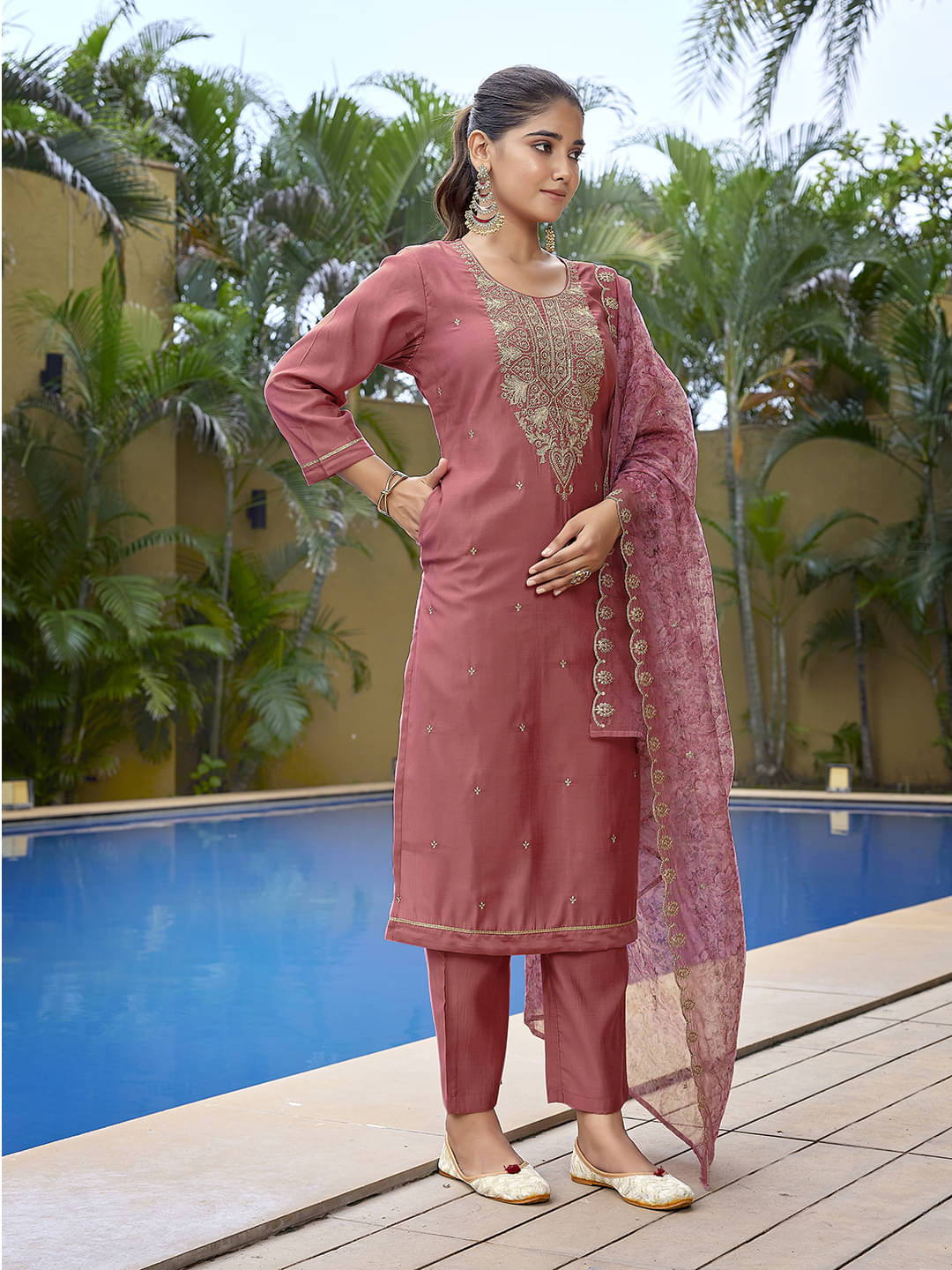     			Royal Export Viscose Embroidered Kurti With Pants Women's Stitched Salwar Suit - Pink ( Pack of 1 )