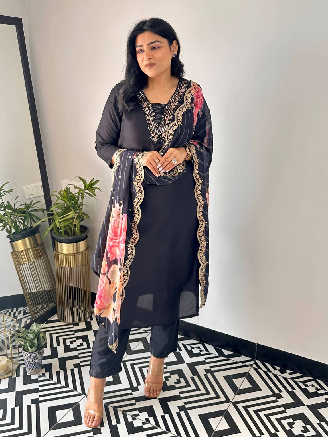 Royal Export Viscose Embroidered Kurti With Pants Women's Stitched Salwar Suit - Black ( Pack of 1 )