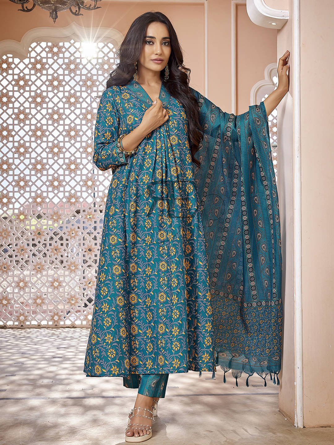     			Royal Export Viscose Printed Kurti With Pants Women's Stitched Salwar Suit - Dark Blue ( Pack of 1 )