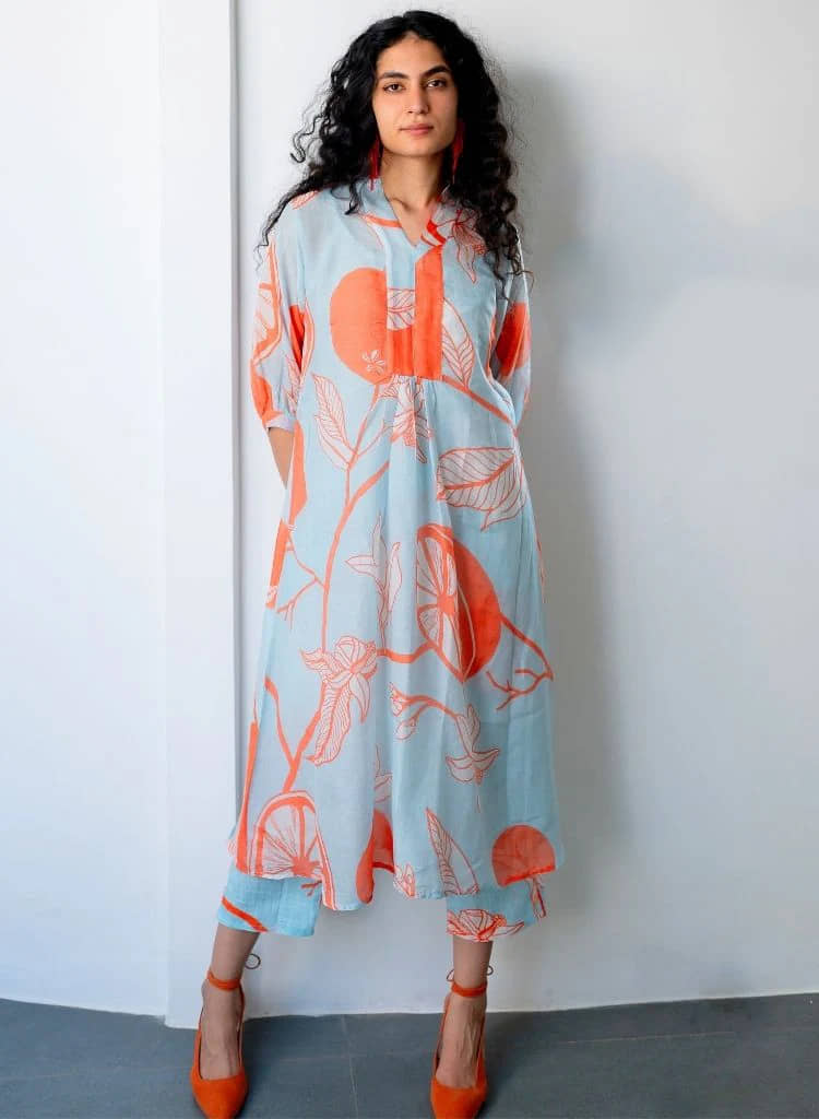 Royal Export Viscose Printed Kurti With Pants Women's Stitched Salwar Suit - Light Blue ( Pack of 1 )