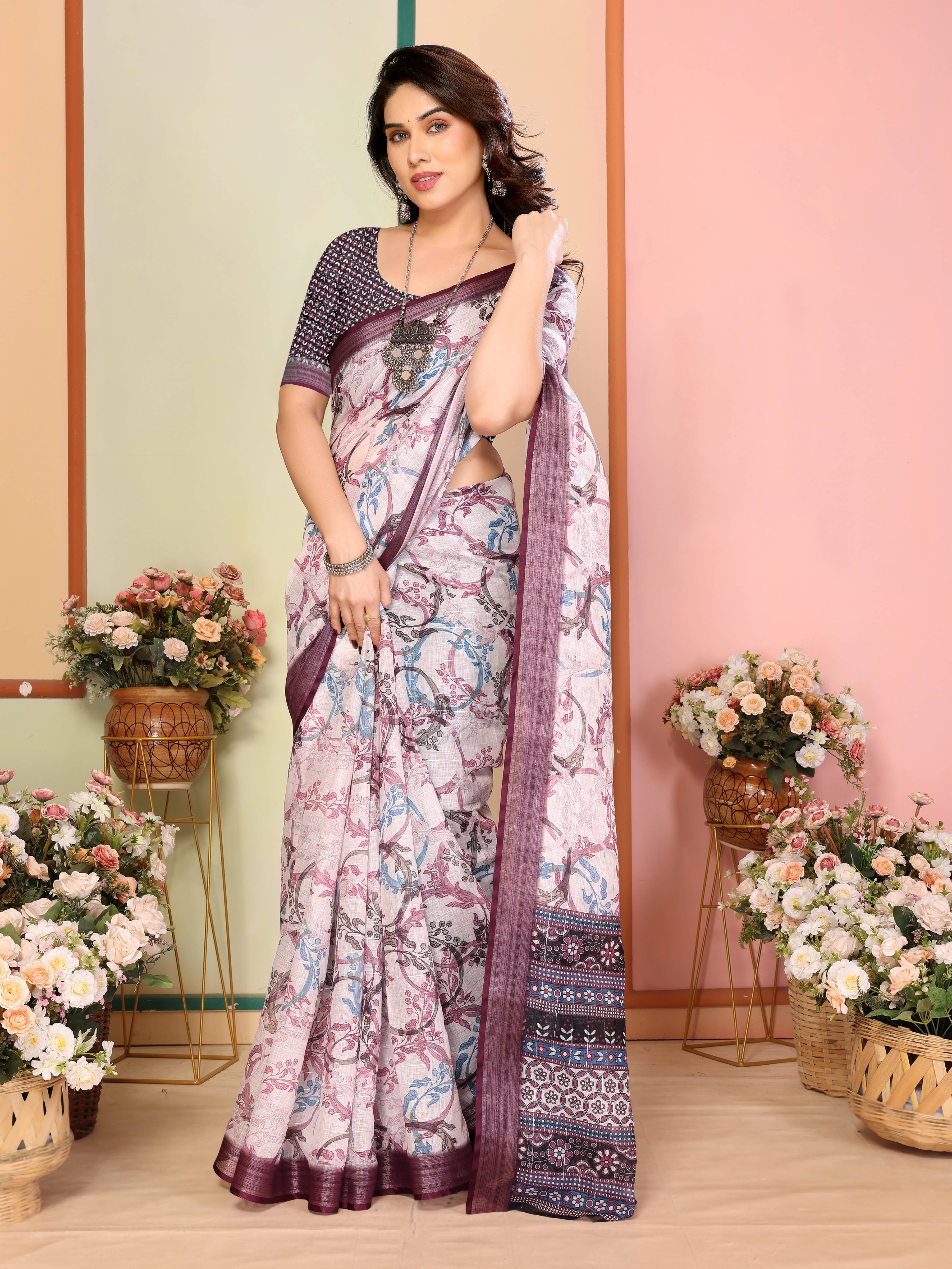 Sidhidata Linen Printed Saree With Unstitched Blouse Piece ( Purple ) Sidhidata Linen Printed Saree With Unstitched Blouse Piece ( Purple )