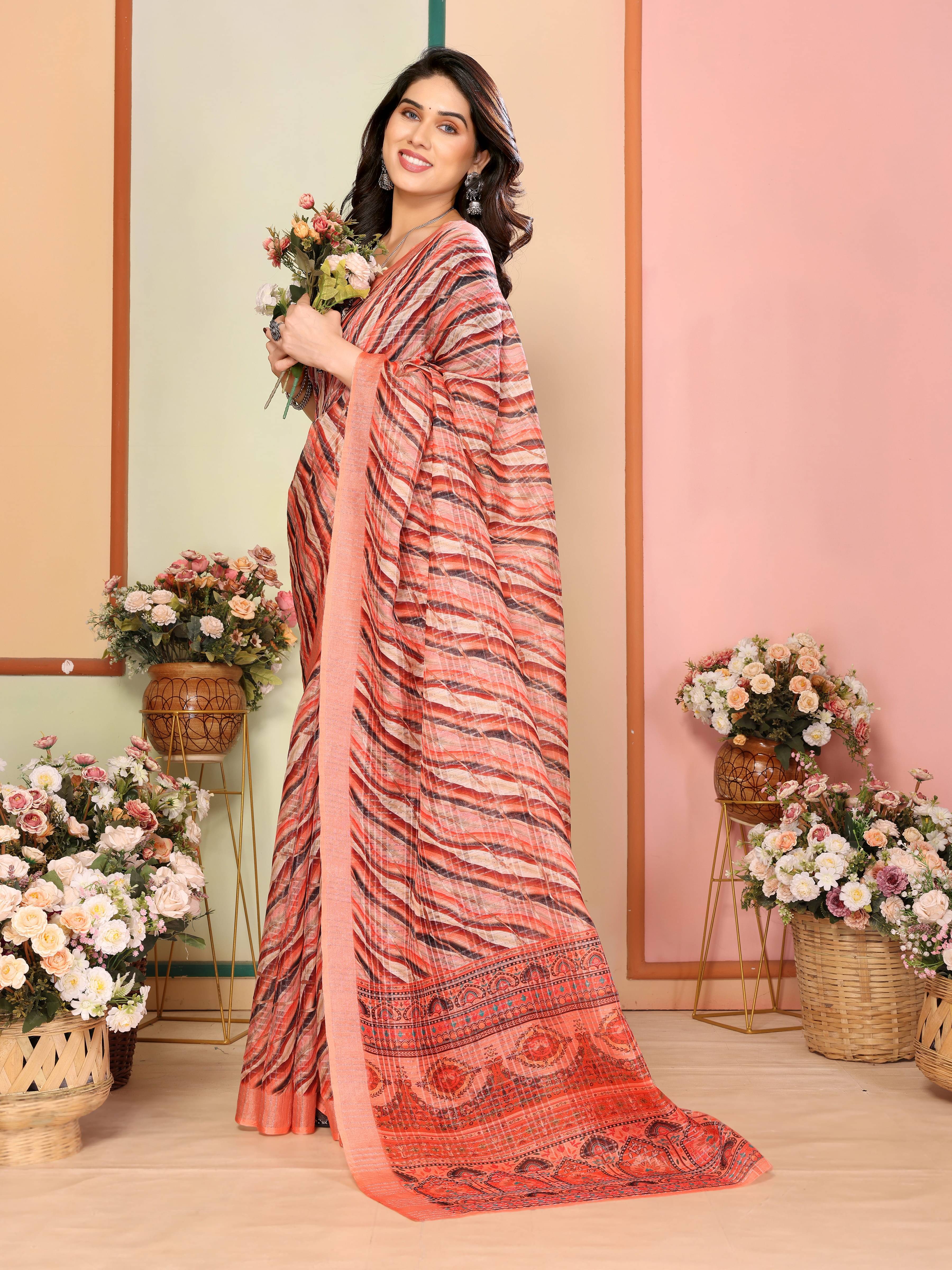     			Sidhidata Linen Printed Saree With Unstitched Blouse Piece ( Orange )