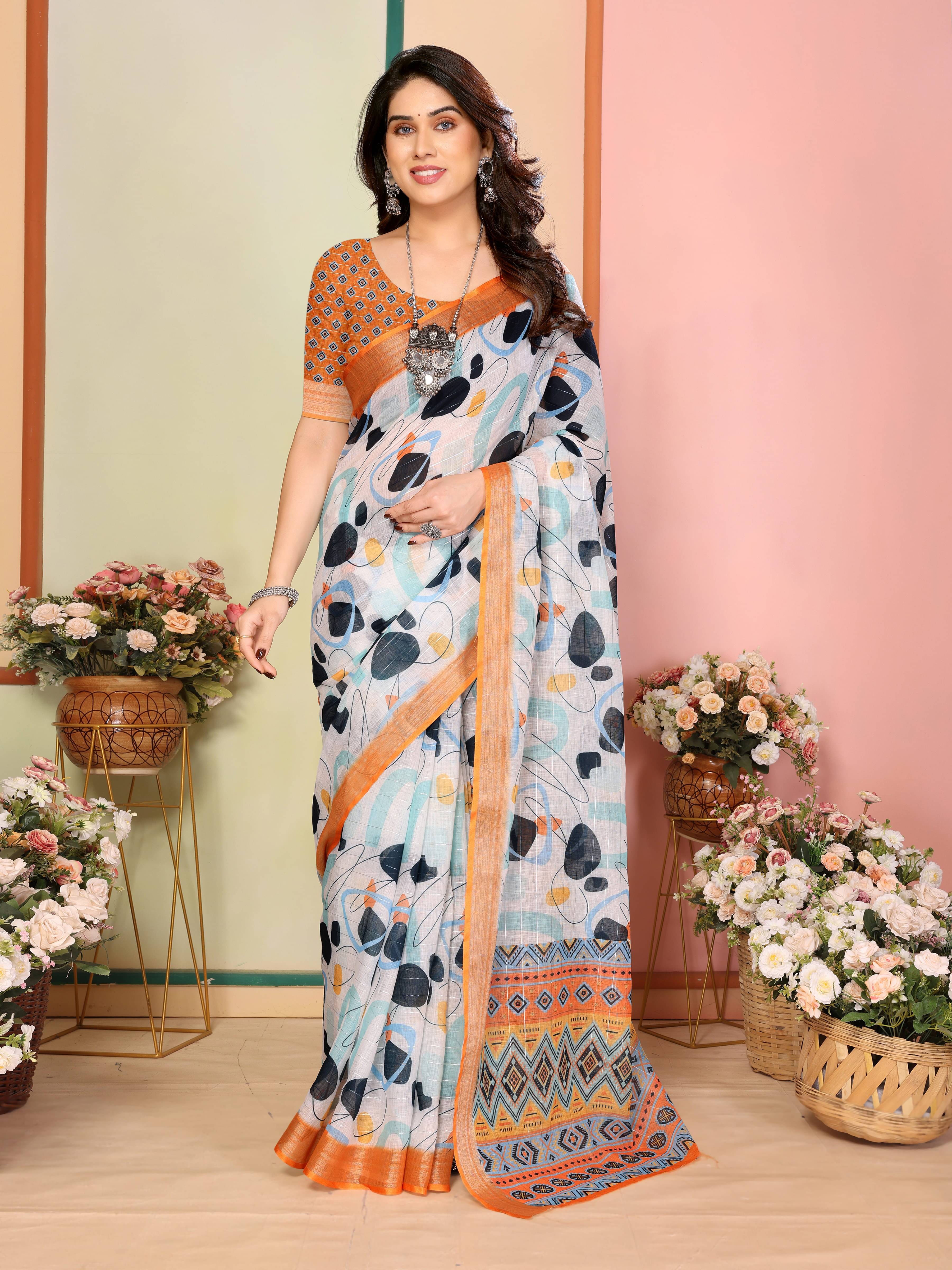     			Sidhidata Linen Printed Saree With Unstitched Blouse Piece ( White )