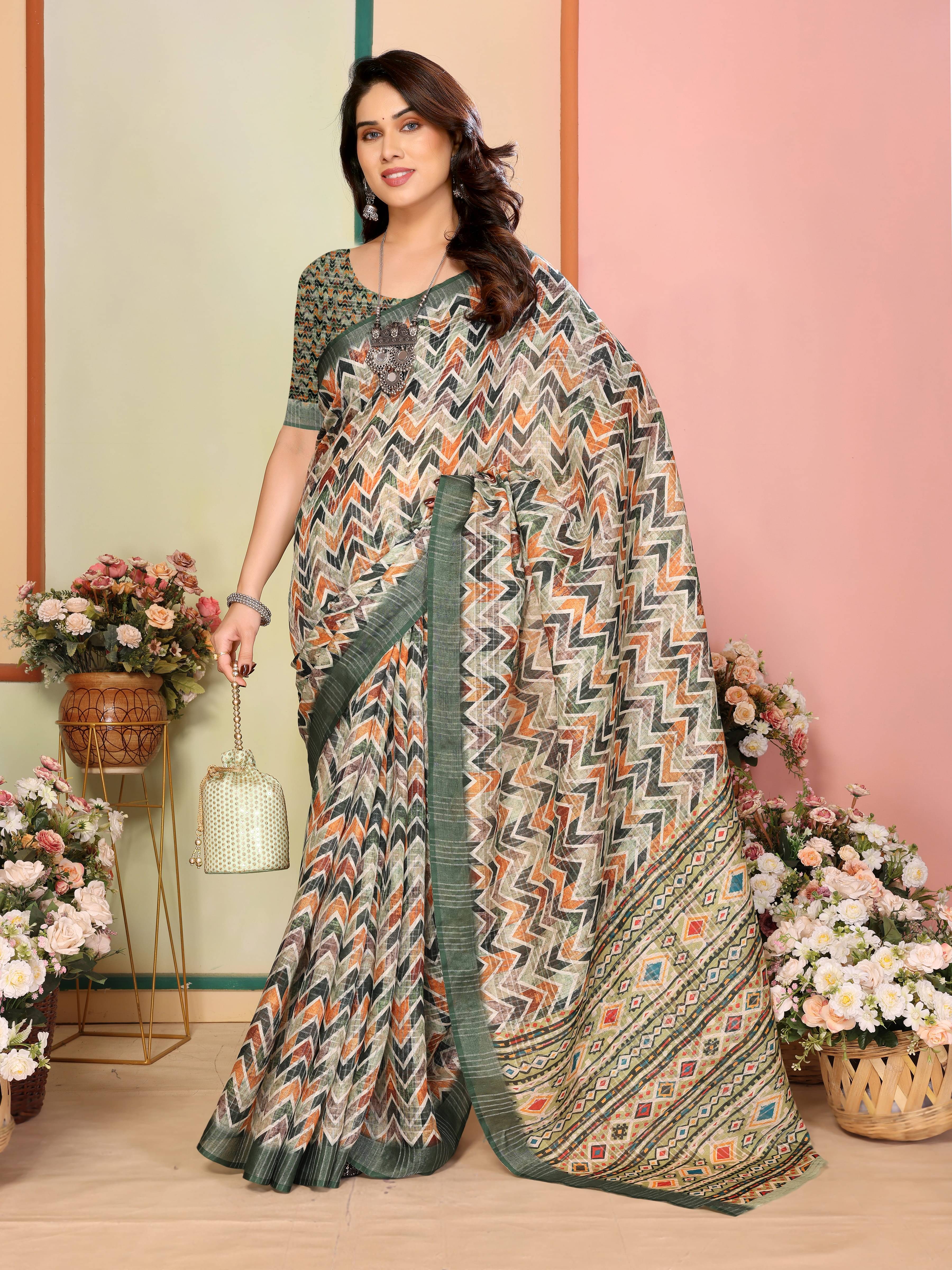 Sidhidata Linen Printed Saree With Unstitched Blouse Piece ( Green ) Sidhidata Linen Printed Saree With Unstitched Blouse Piece ( Green )