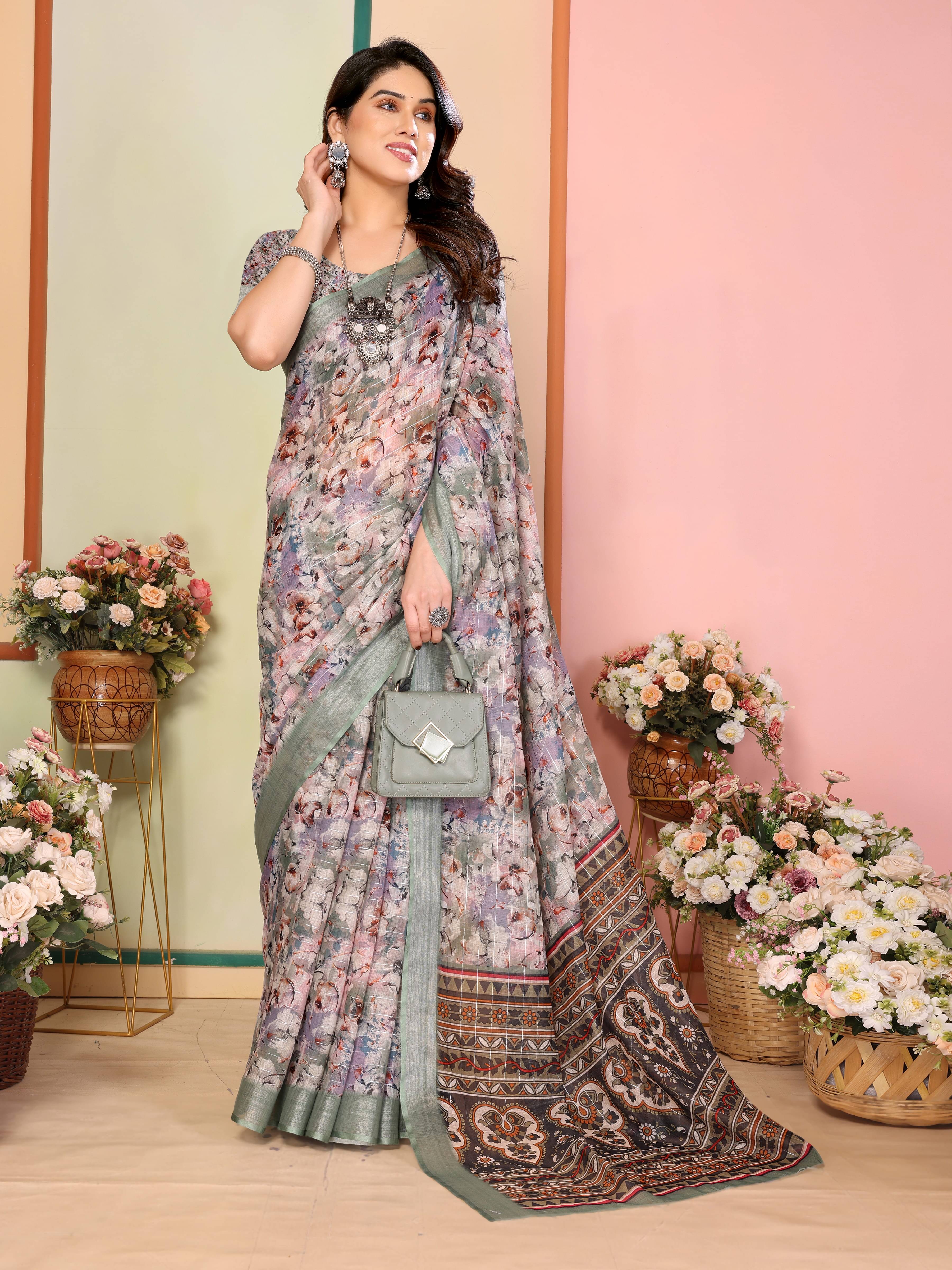     			Sidhidata Linen Printed Saree With Unstitched Blouse Piece ( Dark Grey )