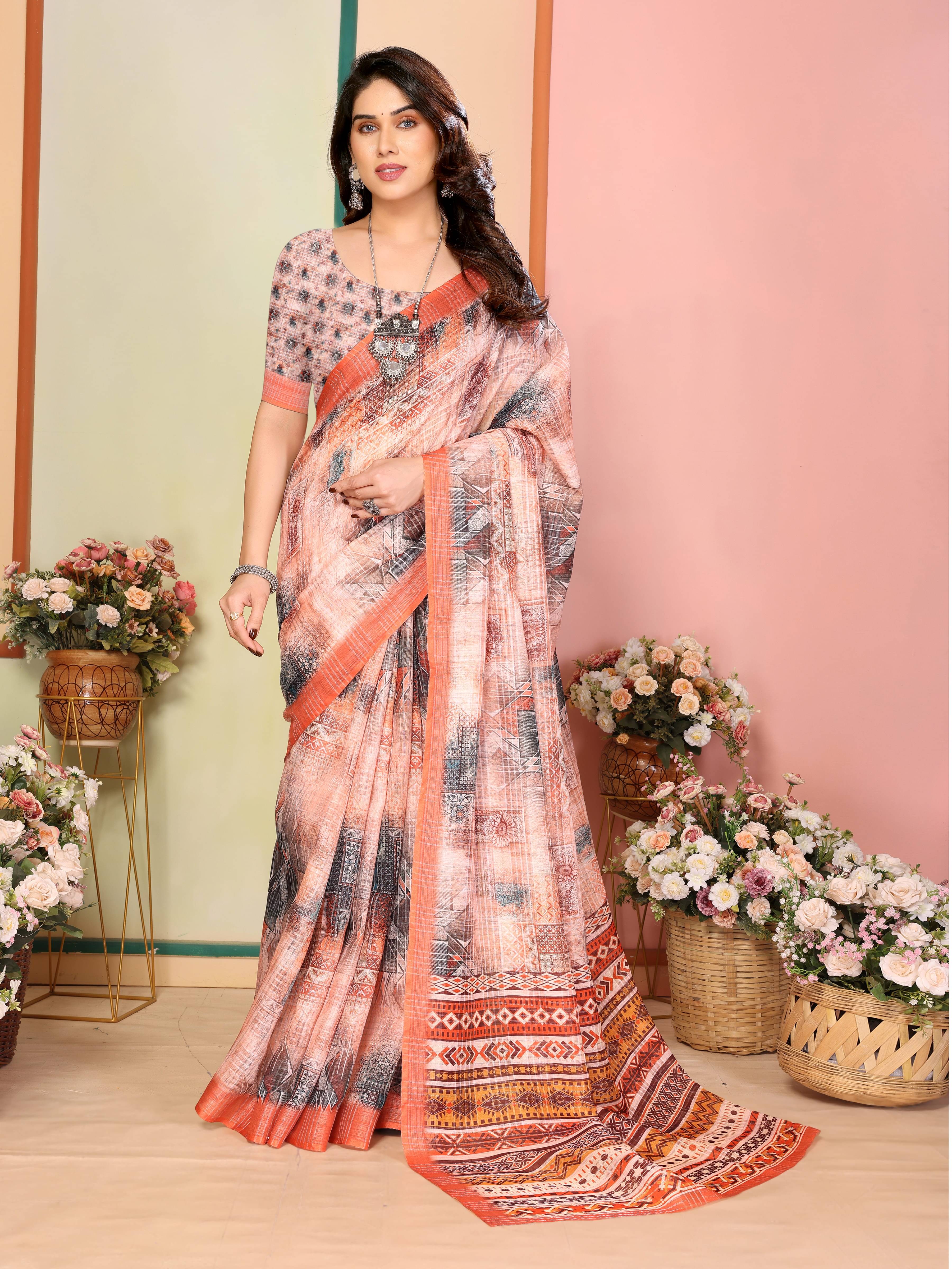     			Sidhidata Linen Printed Saree With Unstitched Blouse Piece ( Orange )