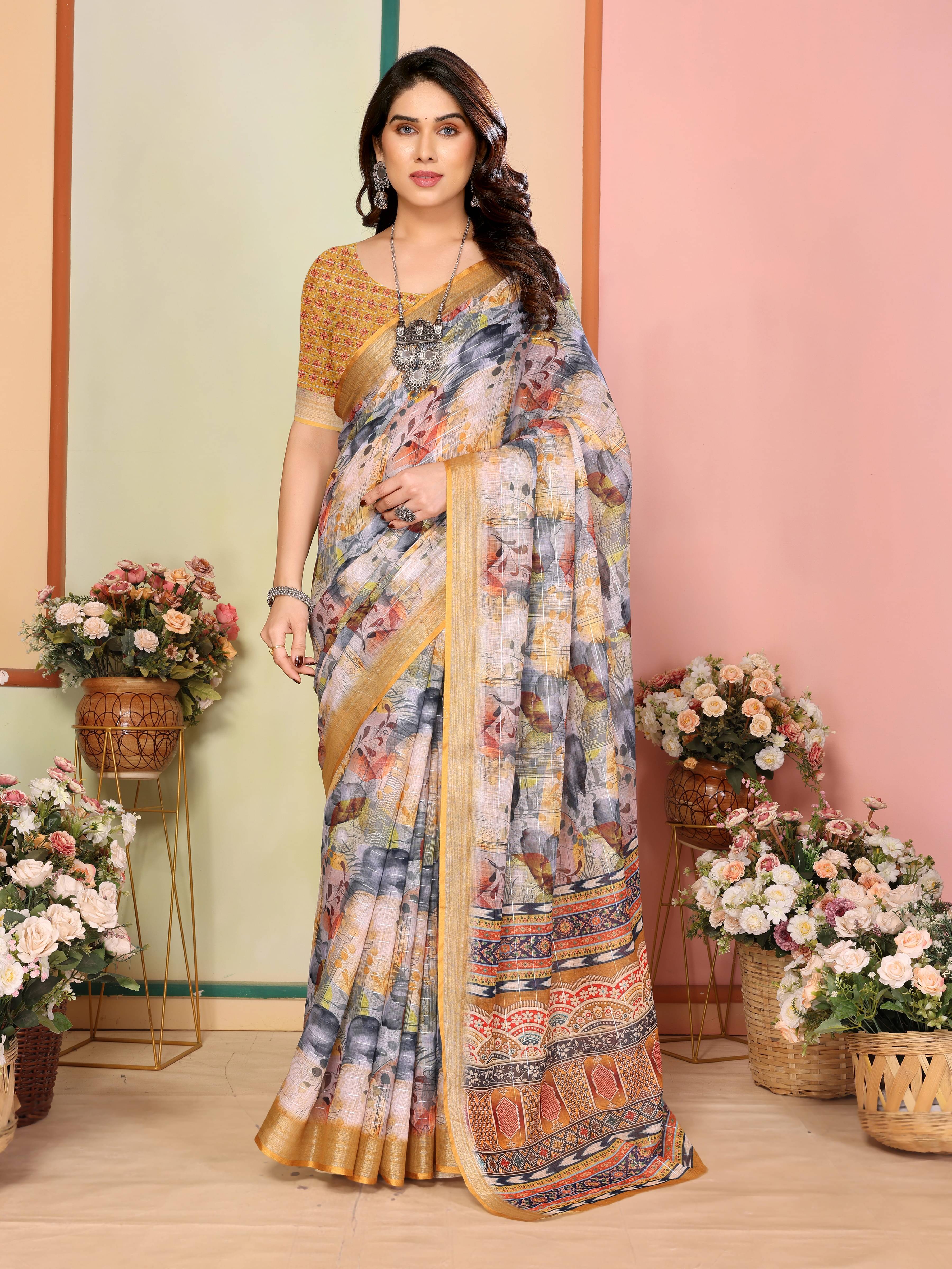 Sidhidata Linen Printed Saree With Unstitched Blouse Piece ( Yellow ) Sidhidata Linen Printed Saree With Unstitched Blouse Piece ( Yellow )