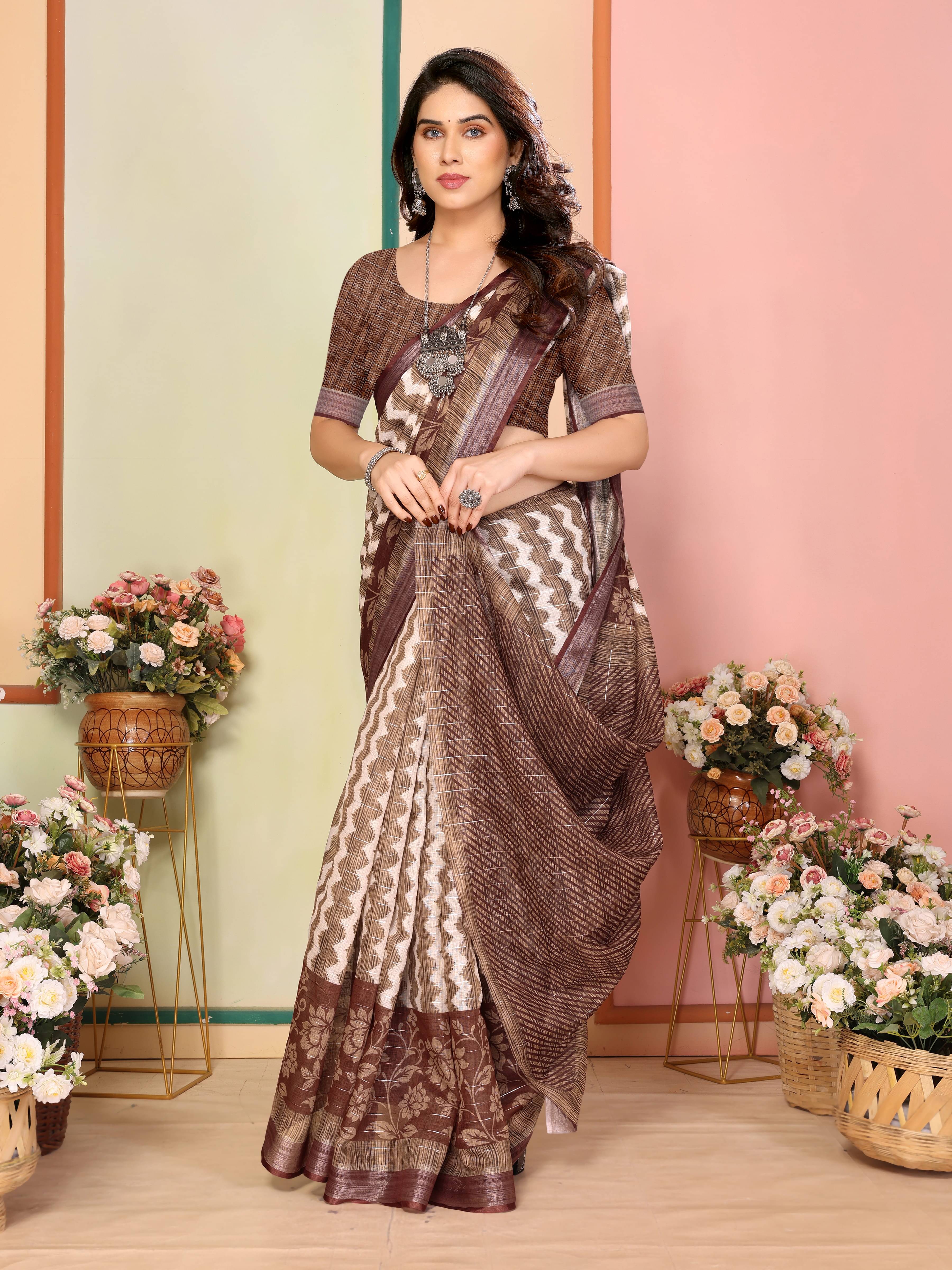 Sidhidata Linen Printed Saree With Unstitched Blouse Piece ( Brown ) Sidhidata Linen Printed Saree With Unstitched Blouse Piece ( Brown )