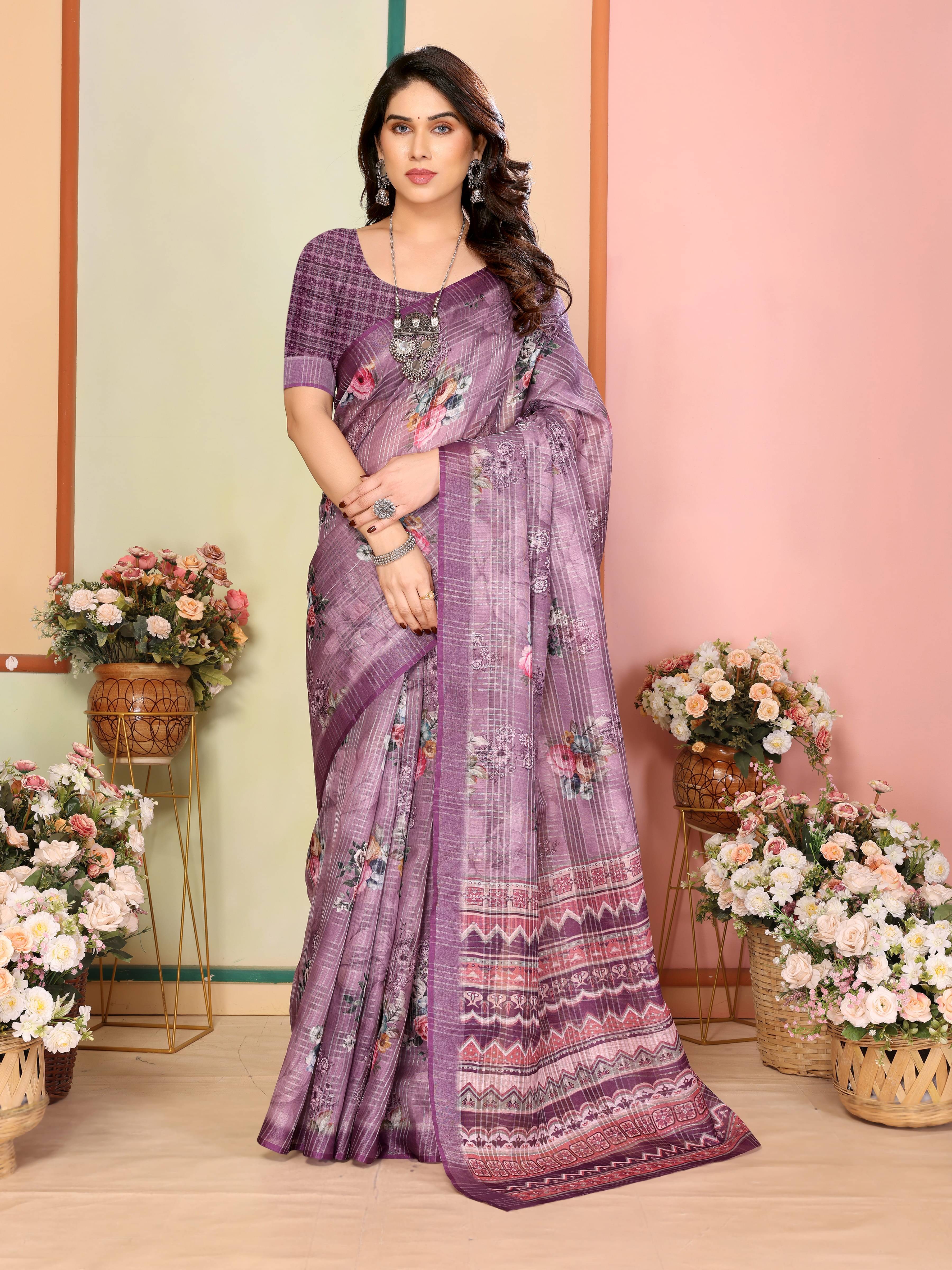     			Sidhidata Linen Printed Saree With Unstitched Blouse Piece ( Purple )