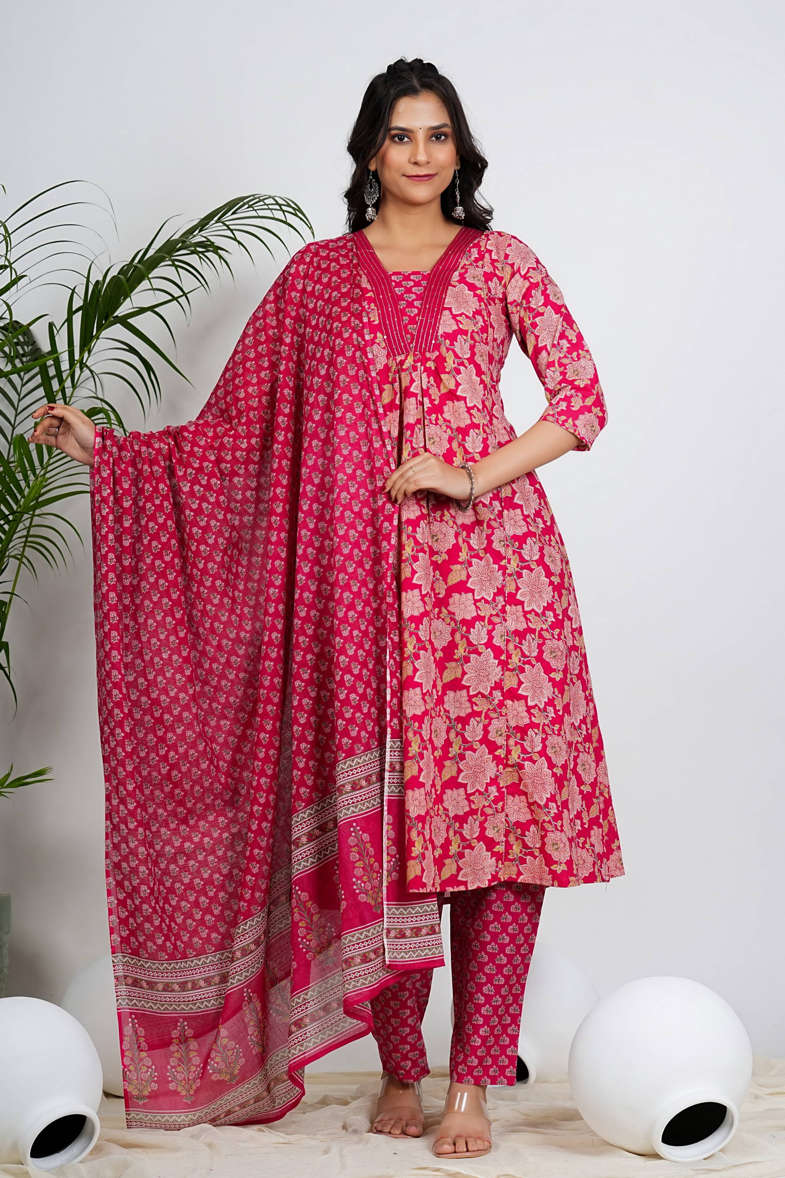     			Vbuyz Cotton Printed Kurti With Pants Women's Stitched Salwar Suit - Pink ( Pack of 1 )