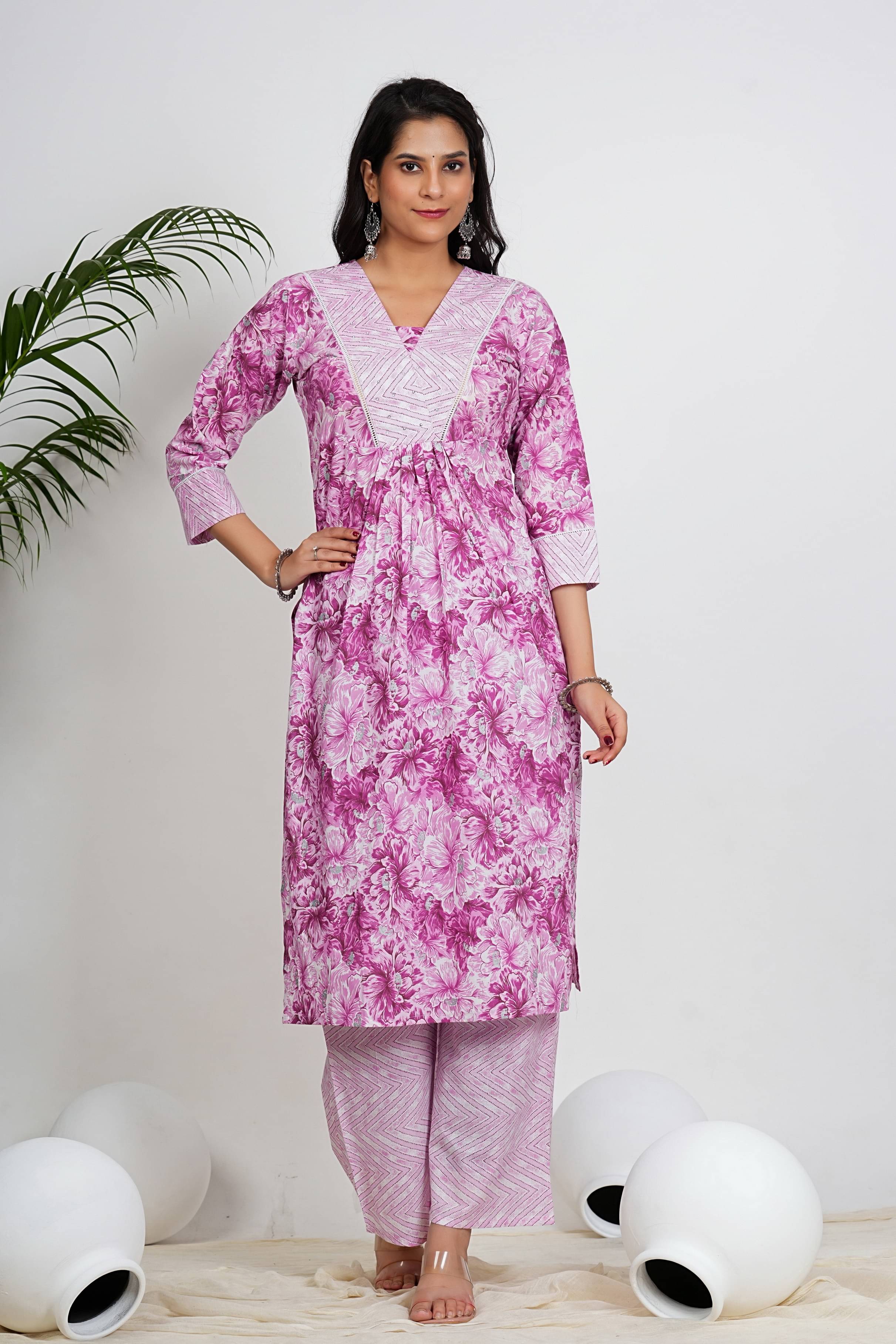     			Vbuyz Cotton Printed Kurti With Palazzo Women's Stitched Salwar Suit - Pink ( Pack of 1 )