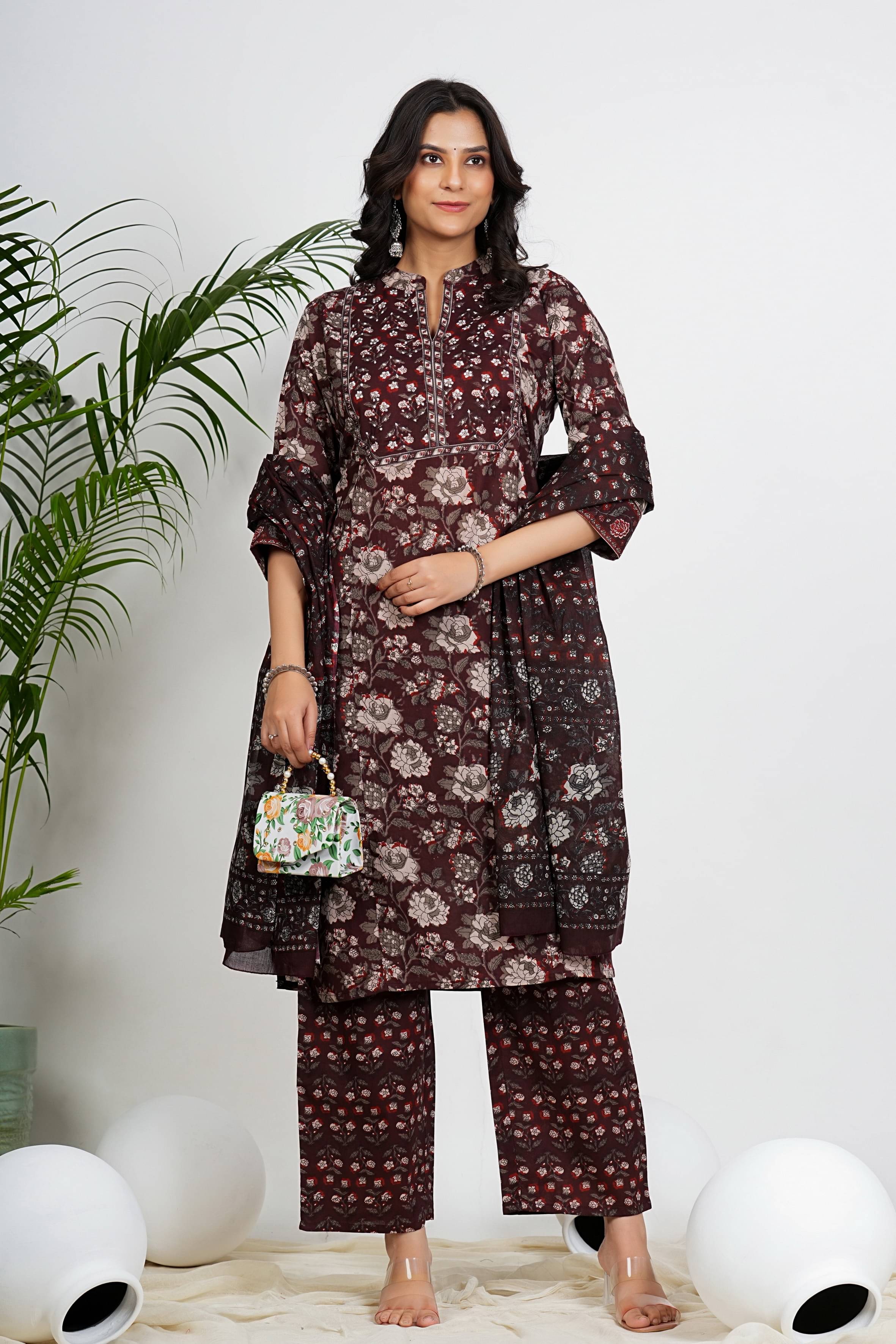 Vbuyz Cotton Printed Kurti With Pants Women's Stitched Salwar Suit - Maroon ( Pack of 1 ) Vbuyz Cotton Printed Kurti With Pants Women's Stitched Salwar Suit - Maroon ( Pack of 1 )