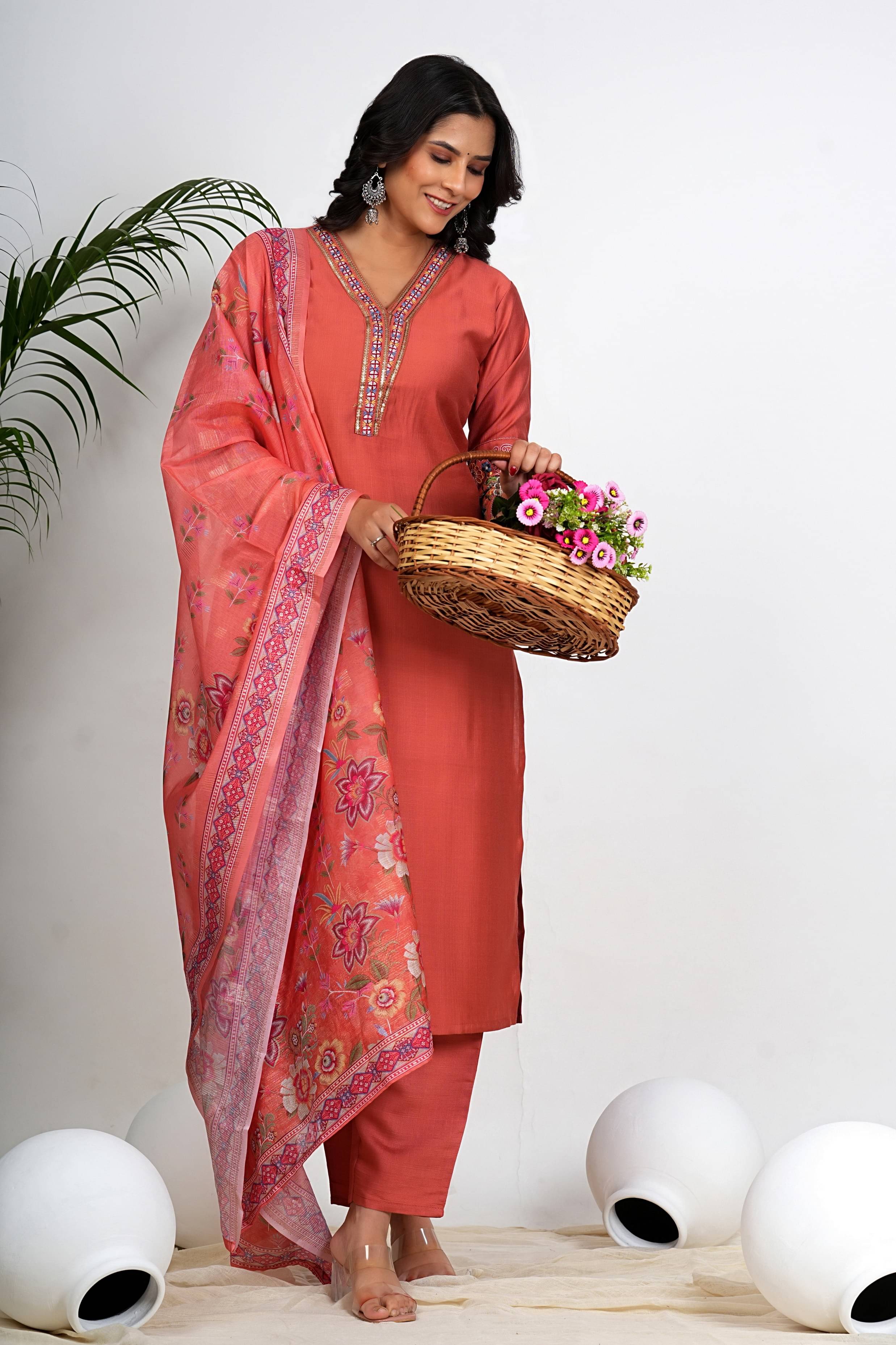     			Vbuyz Silk Blend Embroidered Kurti With Pants Women's Stitched Salwar Suit - Coral ( Pack of 1 )