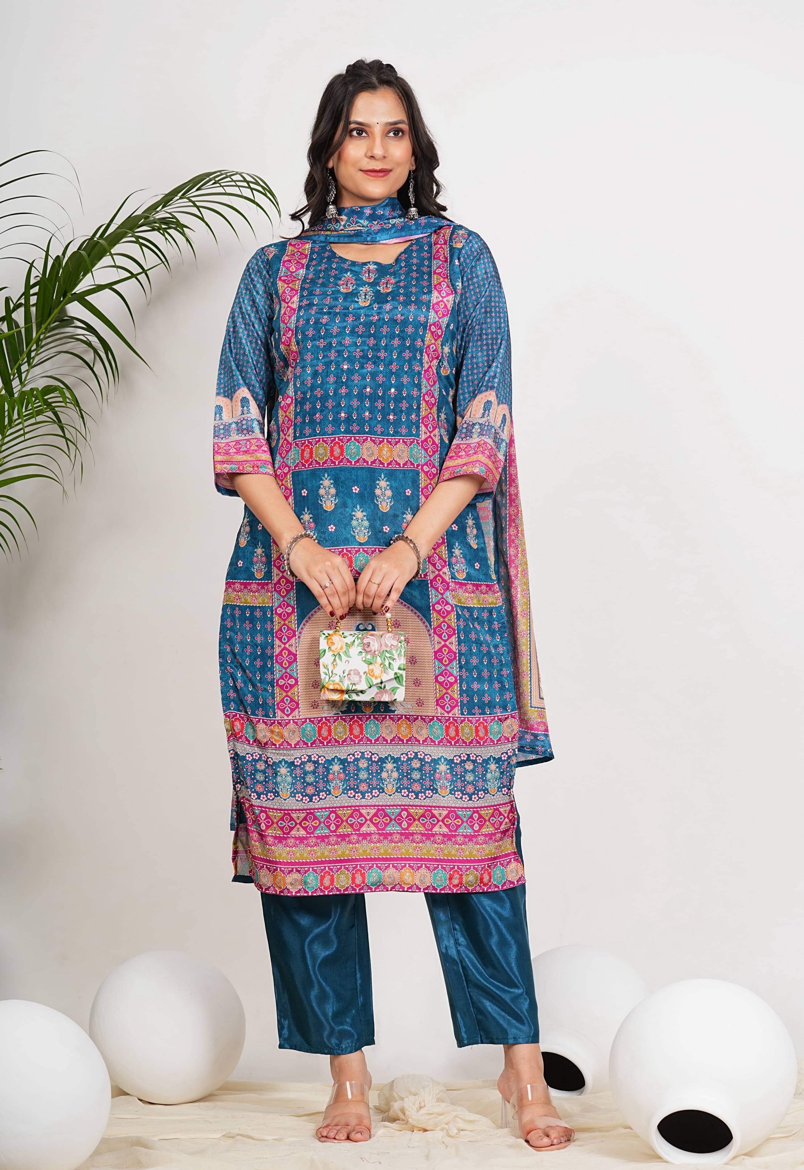     			Vbuyz Silk Blend Printed Kurti With Pants Women's Stitched Salwar Suit - Blue ( Pack of 1 )