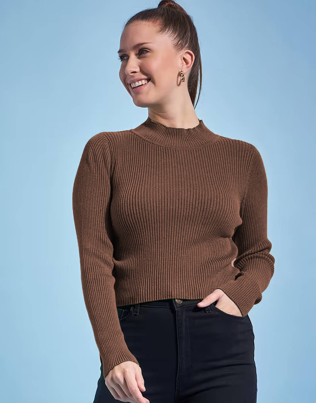 clafoutis Women Lycra Solid Slim Fit High Neck T-Shirt ( Brown ) clafoutis Women Lycra Solid Slim Fit High Neck T-Shirt ( Brown )
