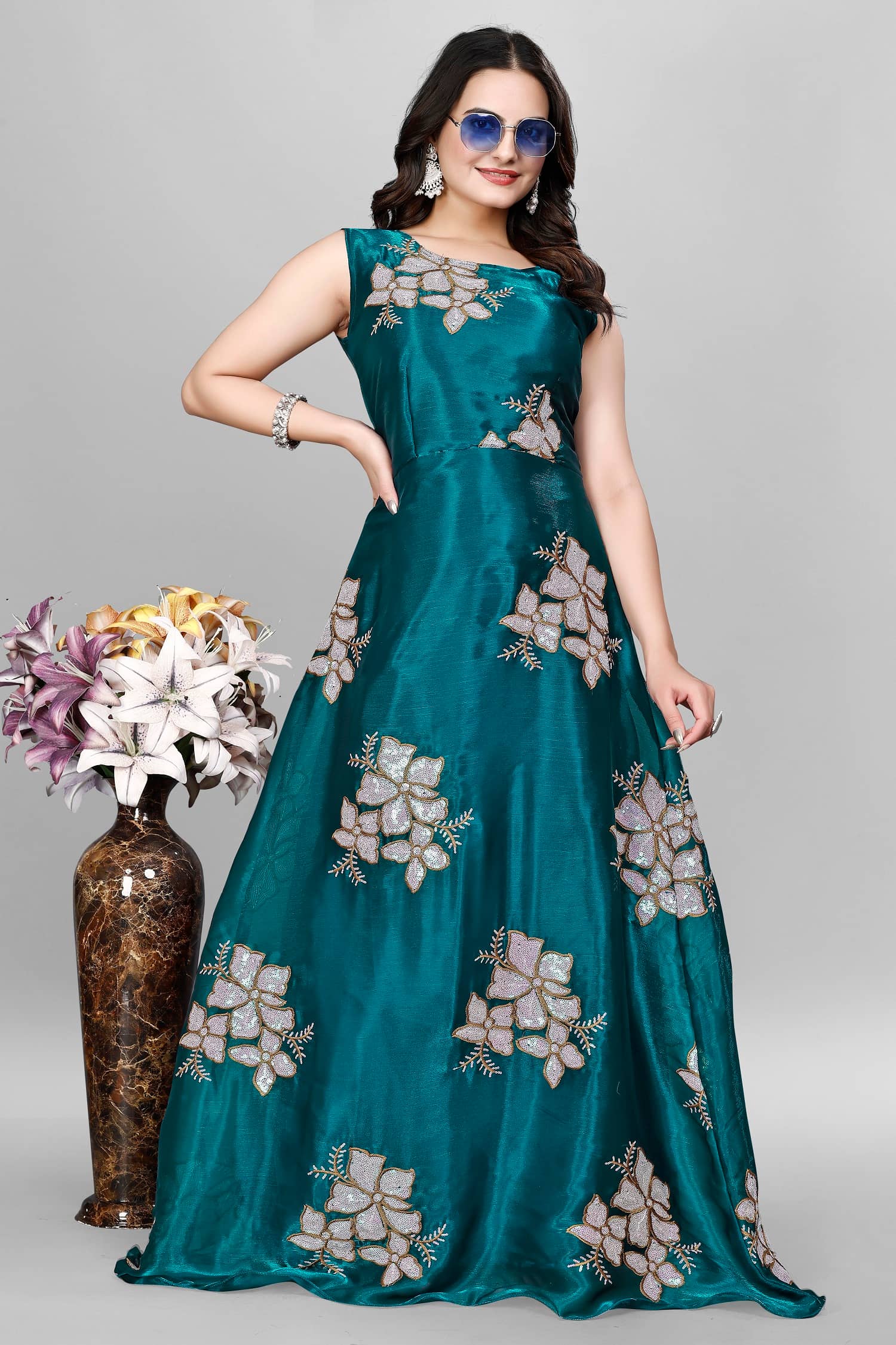 A TO Z CART Teal Flared Organza Women's Semi Stitched Ethnic Gown ( Pack of 1 ) - Unstitched Fabrics | Buy online on ZillyBuy