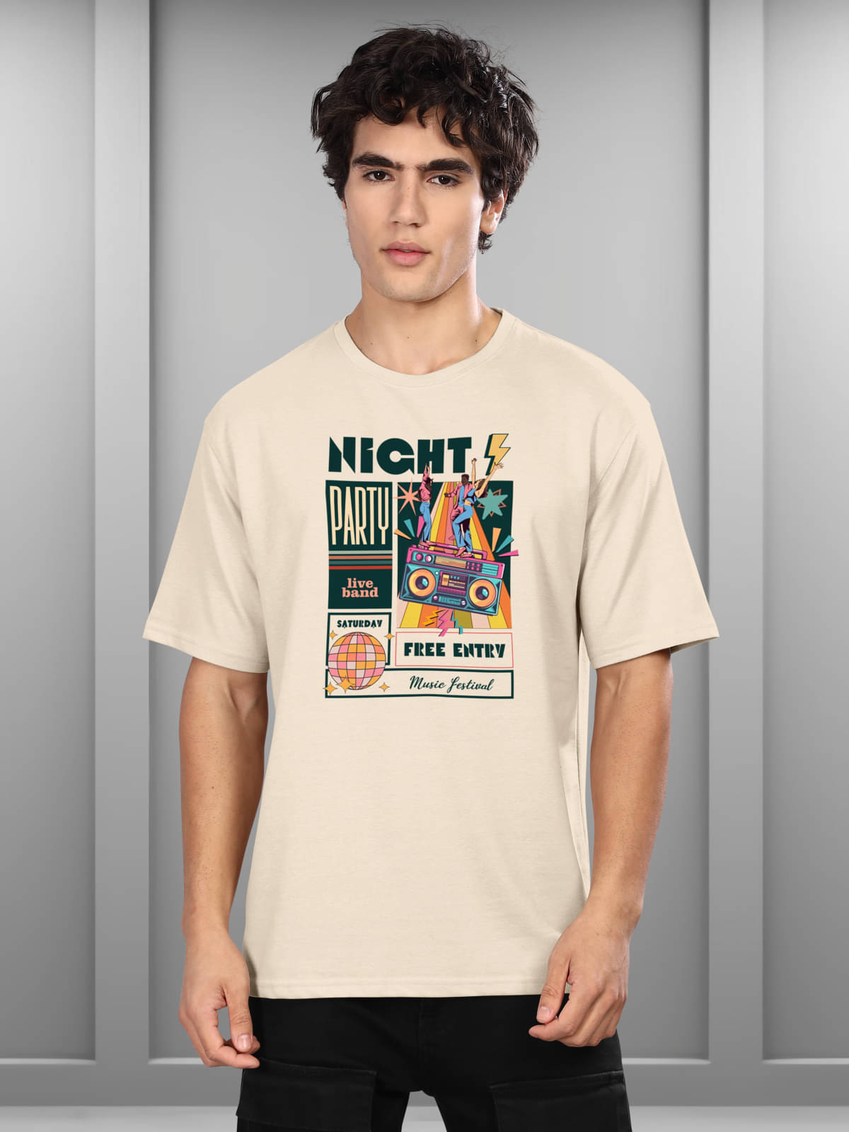 BULLMER Cotton Blend Oversized Fit Printed Half Sleeves Men's Round T-Shirt - Beige ( Pack of 1 ) BULLMER Cotton Blend Oversized Fit Printed Half Sleeves Men's Round T-Shirt - Beige ( Pack of 1 )