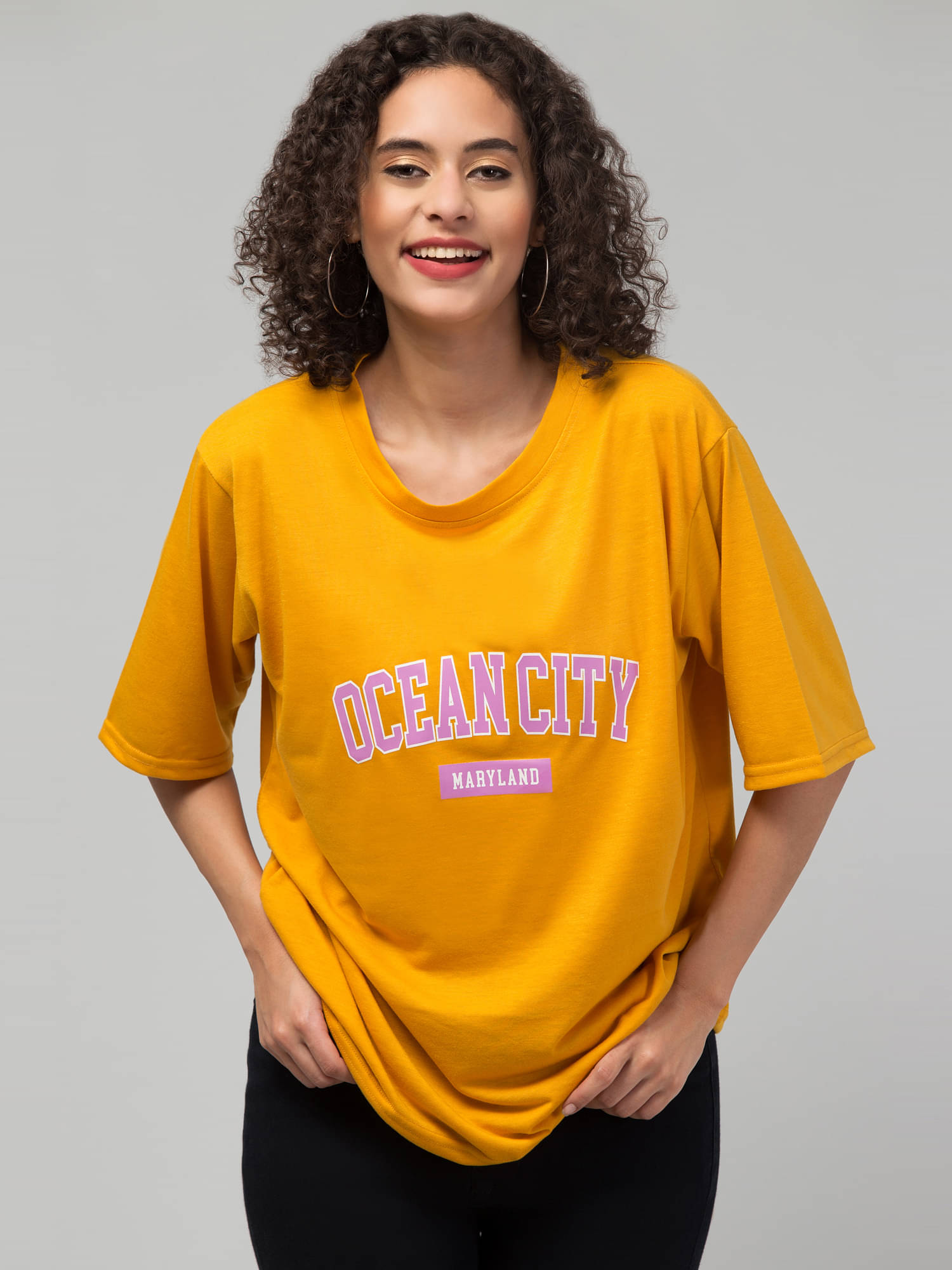Culpi Women Cotton Blend Self Design Oversized Fit Round Neck T-Shirt ( Yellow ) Culpi Women Cotton Blend Self Design Oversized Fit Round Neck T-Shirt ( Yellow )