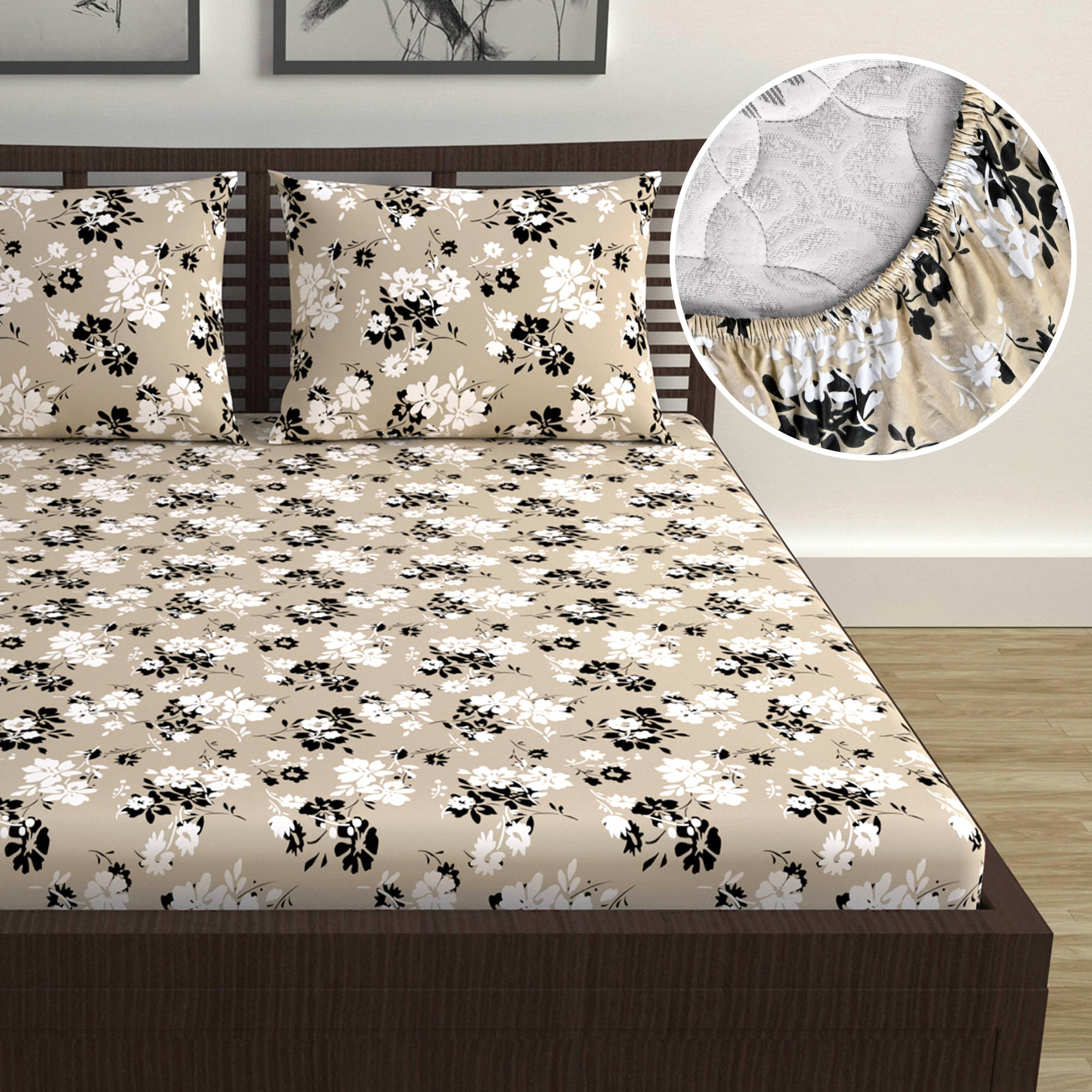 DIVINE CASA Cotton Floral Fitted Fitted bedsheet with 2 Pillow Covers ( Double Bed ) - Beige DIVINE CASA Cotton Floral Fitted Fitted bedsheet with 2 Pillow Covers ( Double Bed ) - Beige