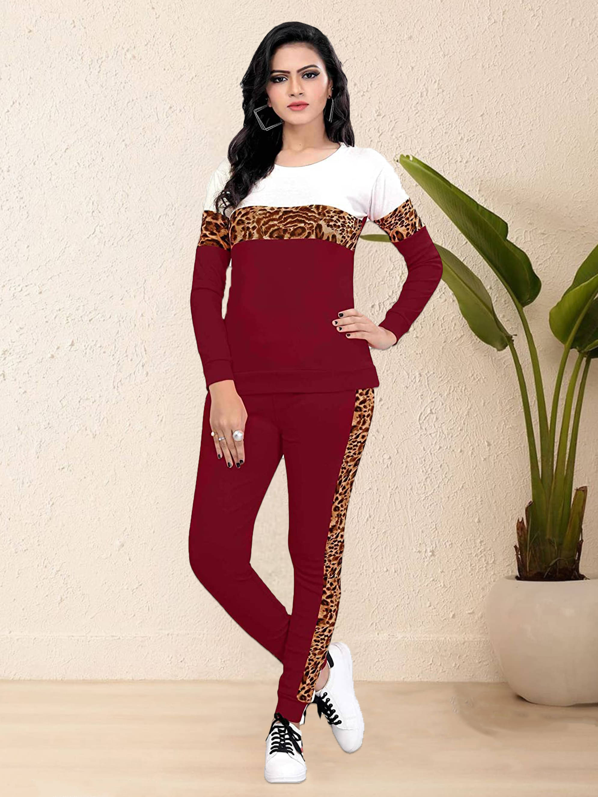     			DTR FASHION Maroon Cotton Blend Striped Tracksuit - Pack of 1