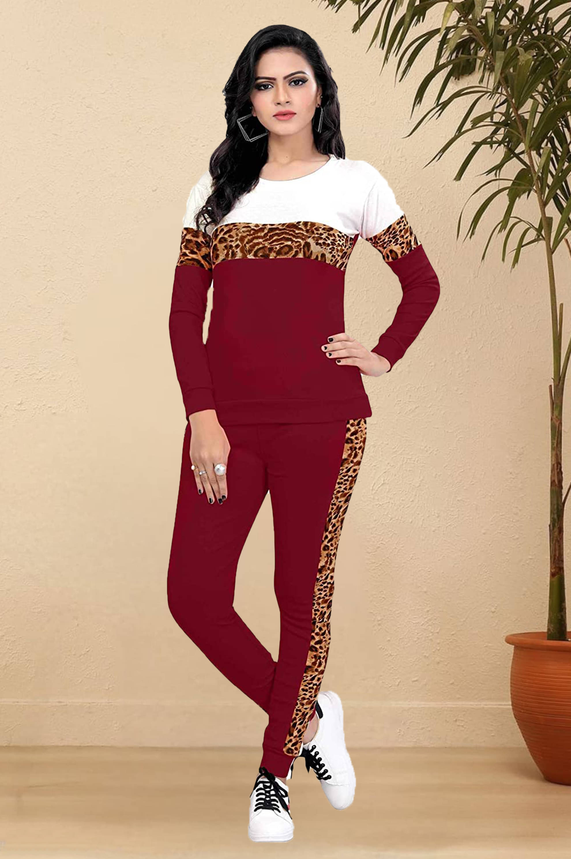     			DTR FASHION Maroon Cotton Blend Striped Tracksuit - Pack of 1