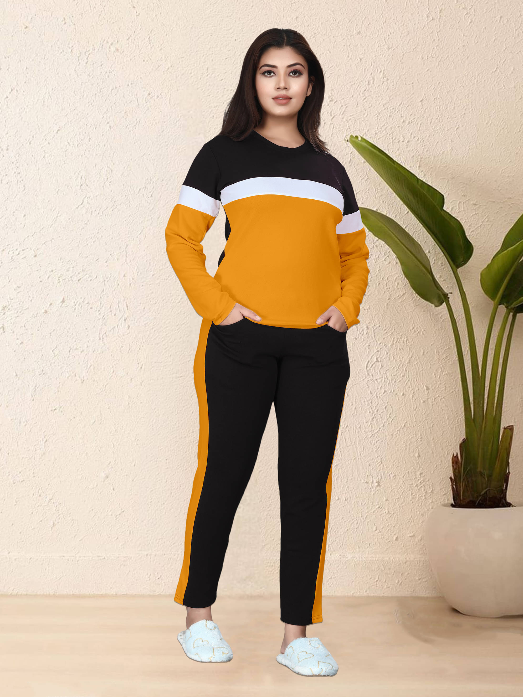     			DTR FASHION Yellow Cotton Blend Striped Tracksuit - Pack of 1