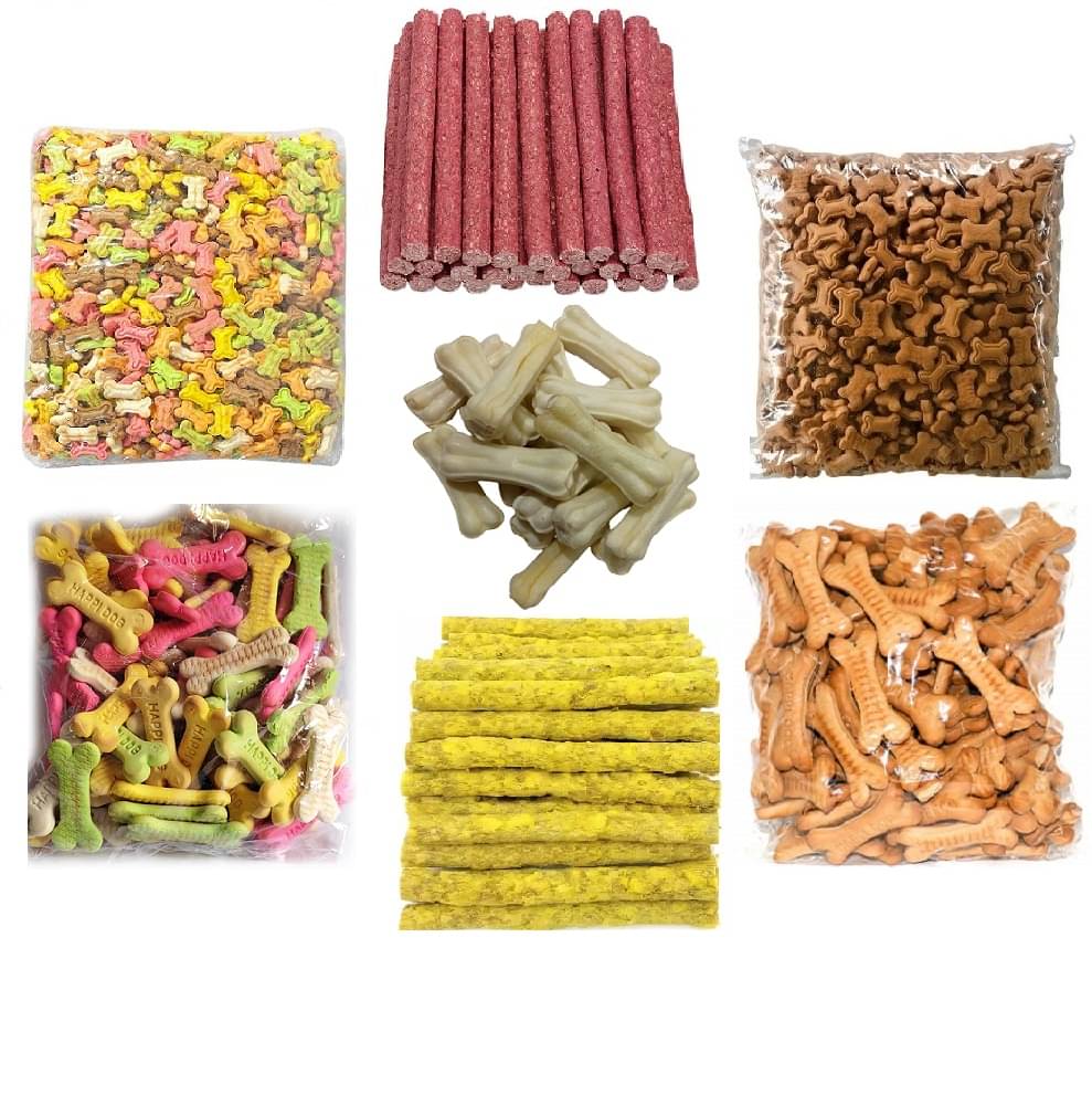     			Dog Food Combo Munchy Stick (Chicken & Mutton) with Dog Biscuits (Cocoa & Mix), (Small & Large Size) and Dog Chew 3Inch Bone Each 100gm