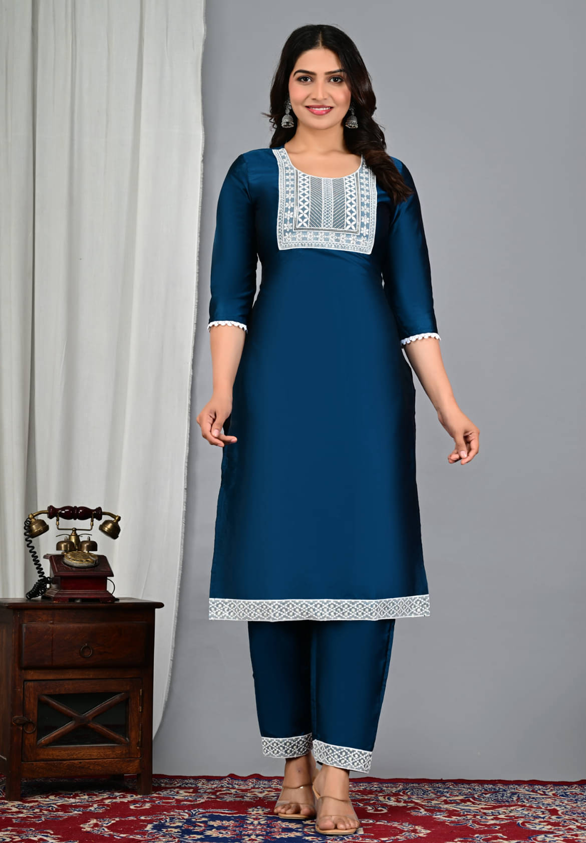 EXPORTHOUSE Silk Blend Embroidered Kurti With Pants Women's Stitched Salwar Suit - Blue ( Pack of 1 )     			EXPORTHOUSE Silk Blend Embroidered Kurti With Pants Women's Stitched Salwar Suit - Blue ( Pack of 1 )