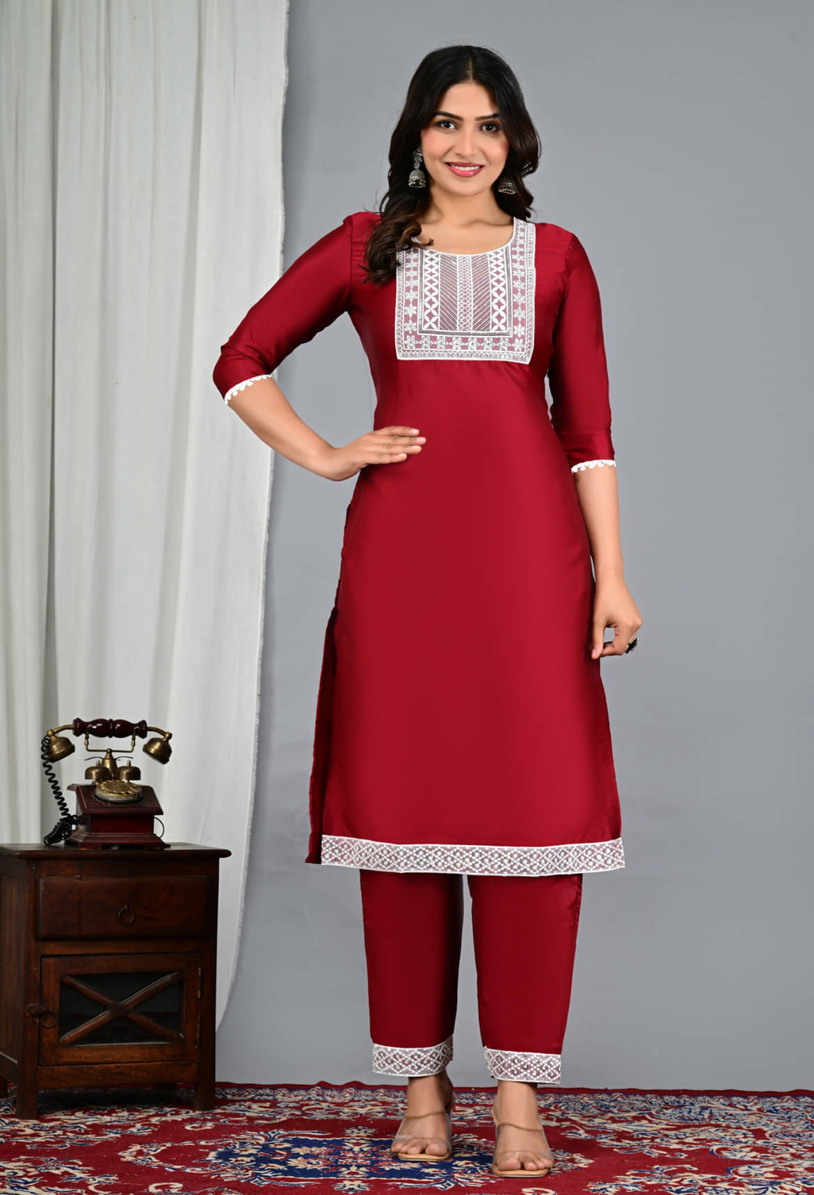    			EXPORTHOUSE Silk Blend Embroidered Kurti With Pants Women's Stitched Salwar Suit - Maroon ( Pack of 1 )