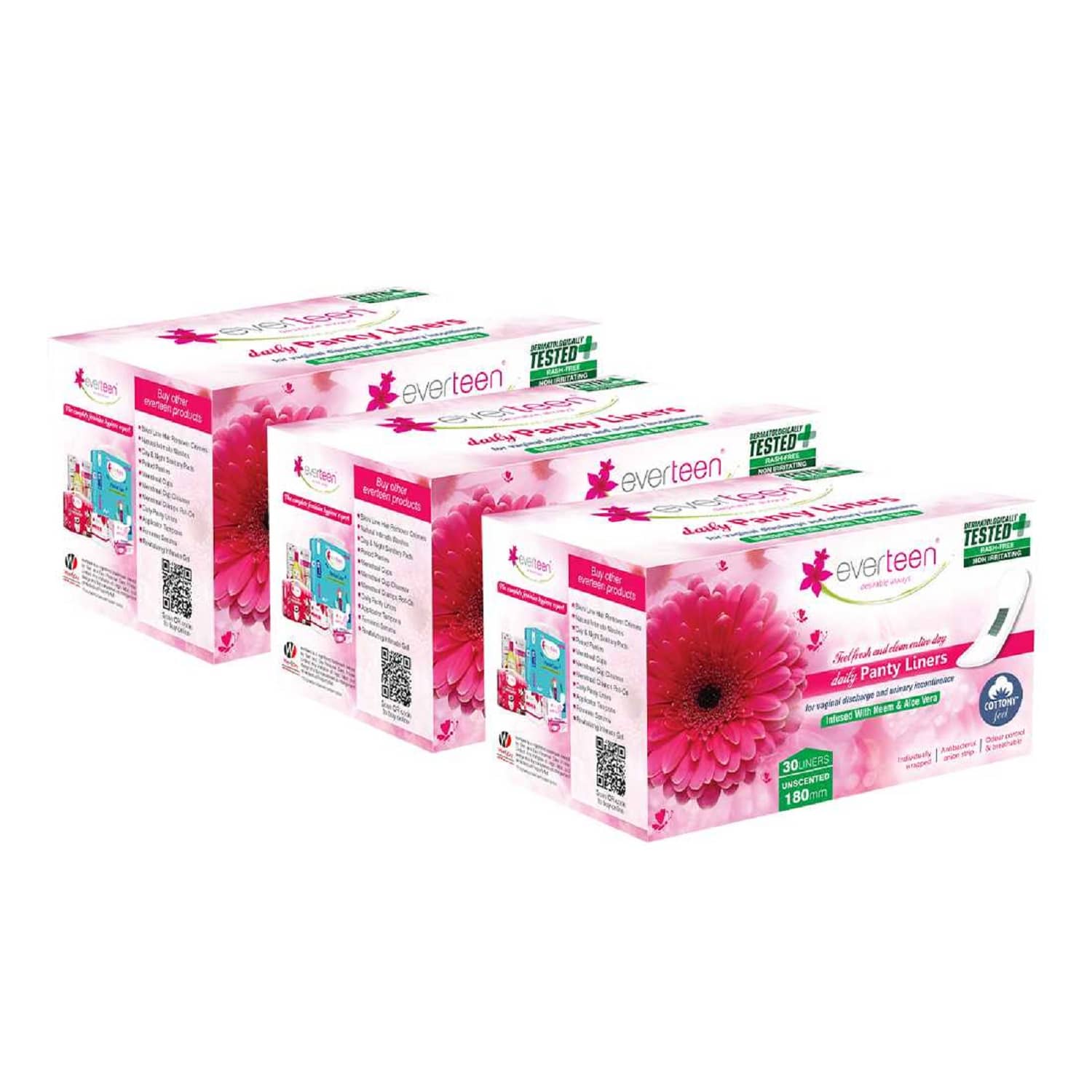 Everteen Daily Panty Liners with Antibacterial Strip for Women - 3 Packs (30pcs Each) 90 Panty Liners Pack of 3