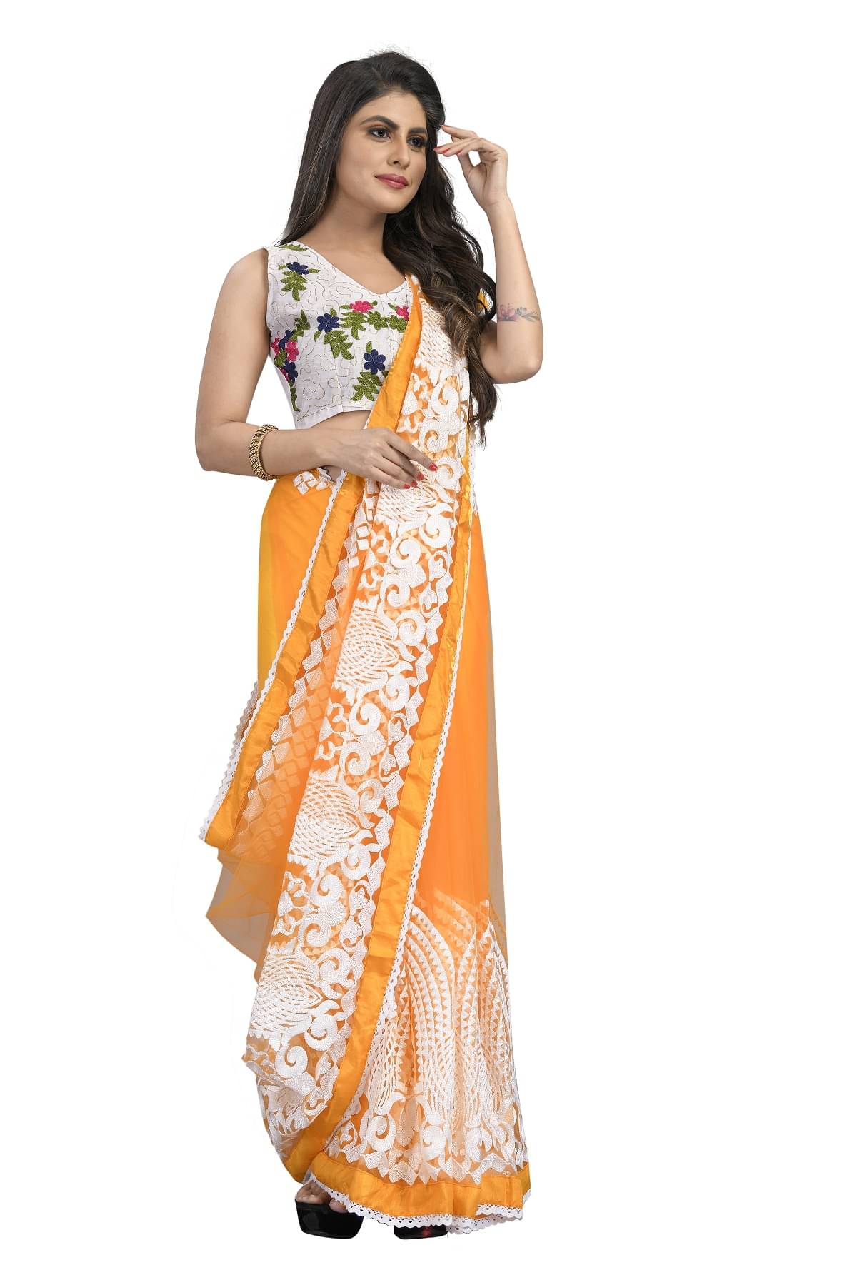     			Gazal Fashions Net Embroidered Saree With Unstitched Blouse Piece ( Yellow )