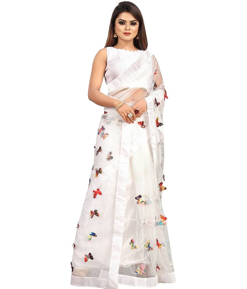 Gazal Fashions Net Embroidered Saree With Unstitched Blouse Piece ( White ) - Sarees | Buy online on ZillyBuy