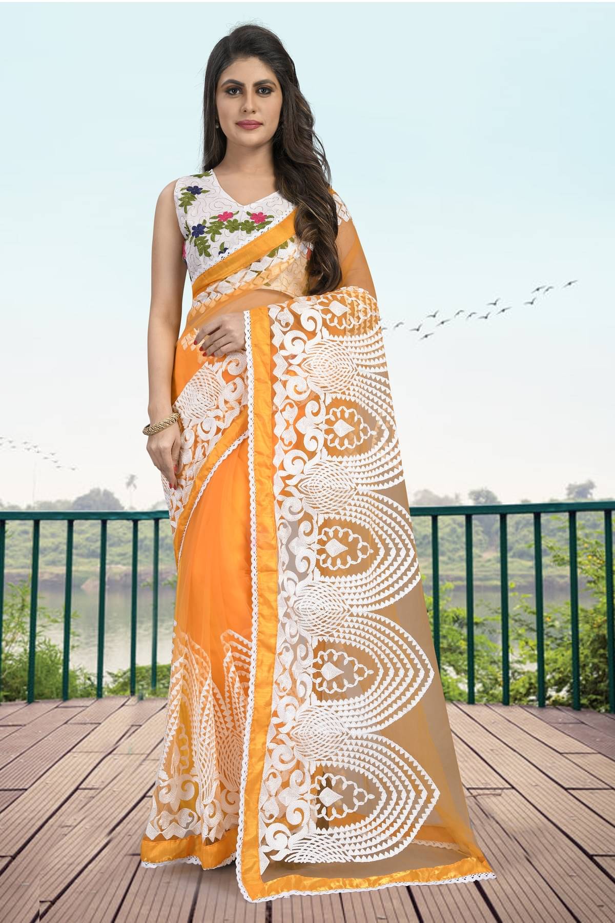     			Gazal Fashions Net Embroidered Saree With Unstitched Blouse Piece ( Mustard )