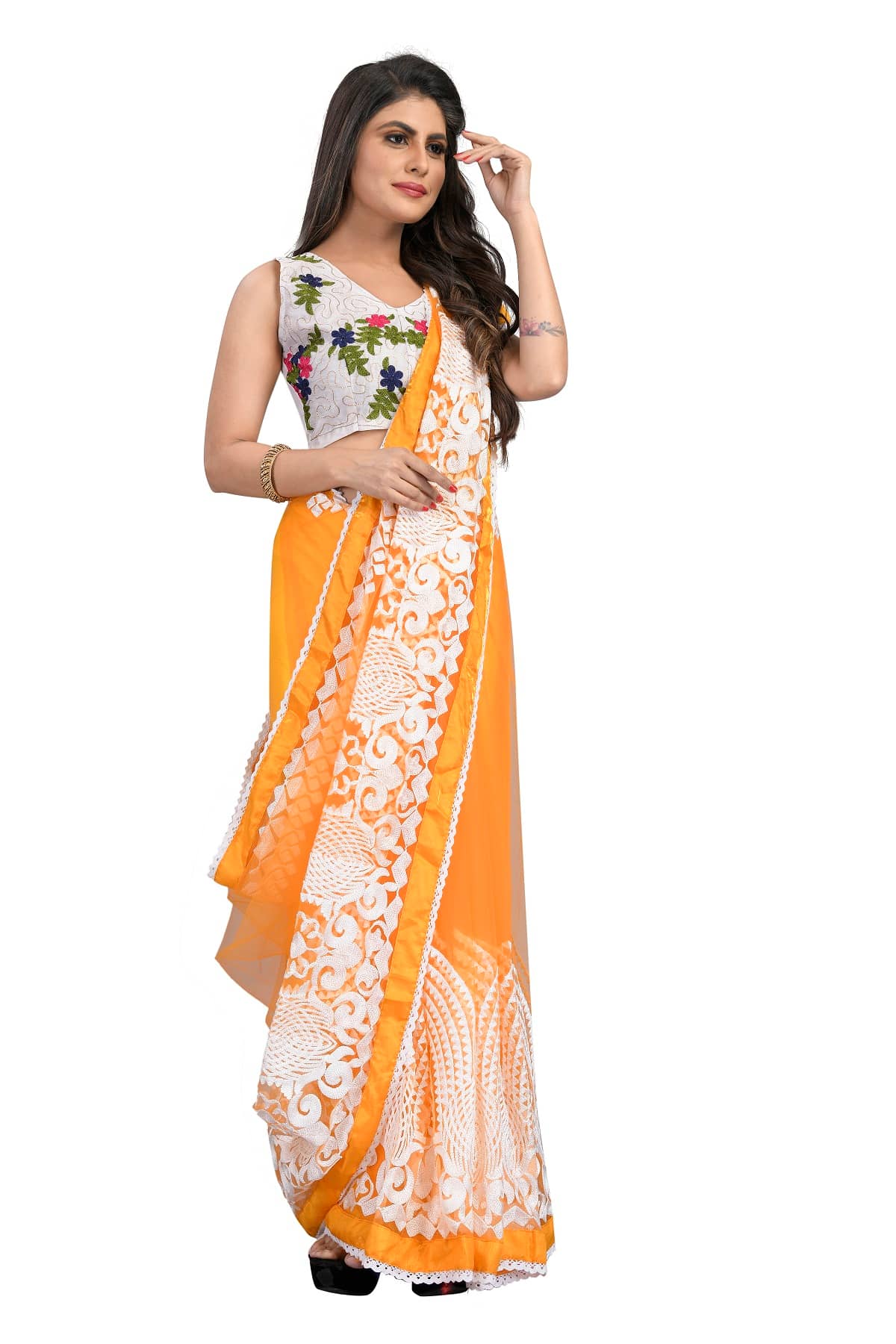 Gazal Fashions Net Embroidered Saree With Unstitched Blouse Piece ( Mustard ) - Sarees | Buy online on ZillyBuy
