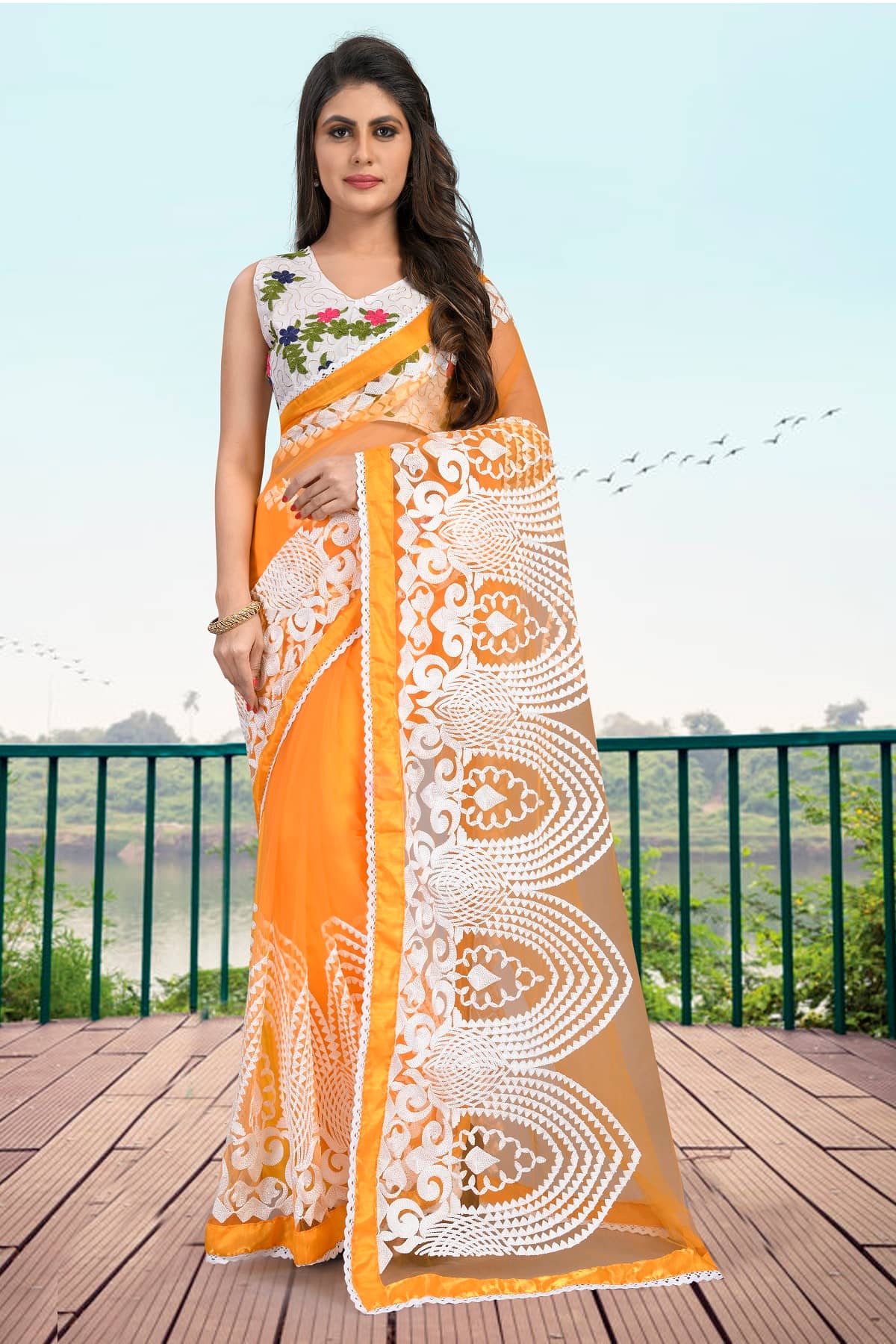 Gazal Fashions Net Embroidered Saree With Unstitched Blouse Piece ( Yellow ) - Sarees | Buy online on ZillyBuy