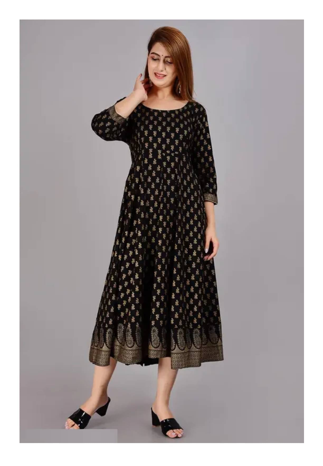     			Gobya Pack of 1 Rayon Printed Anarkali Women's Kurti - ( Black )