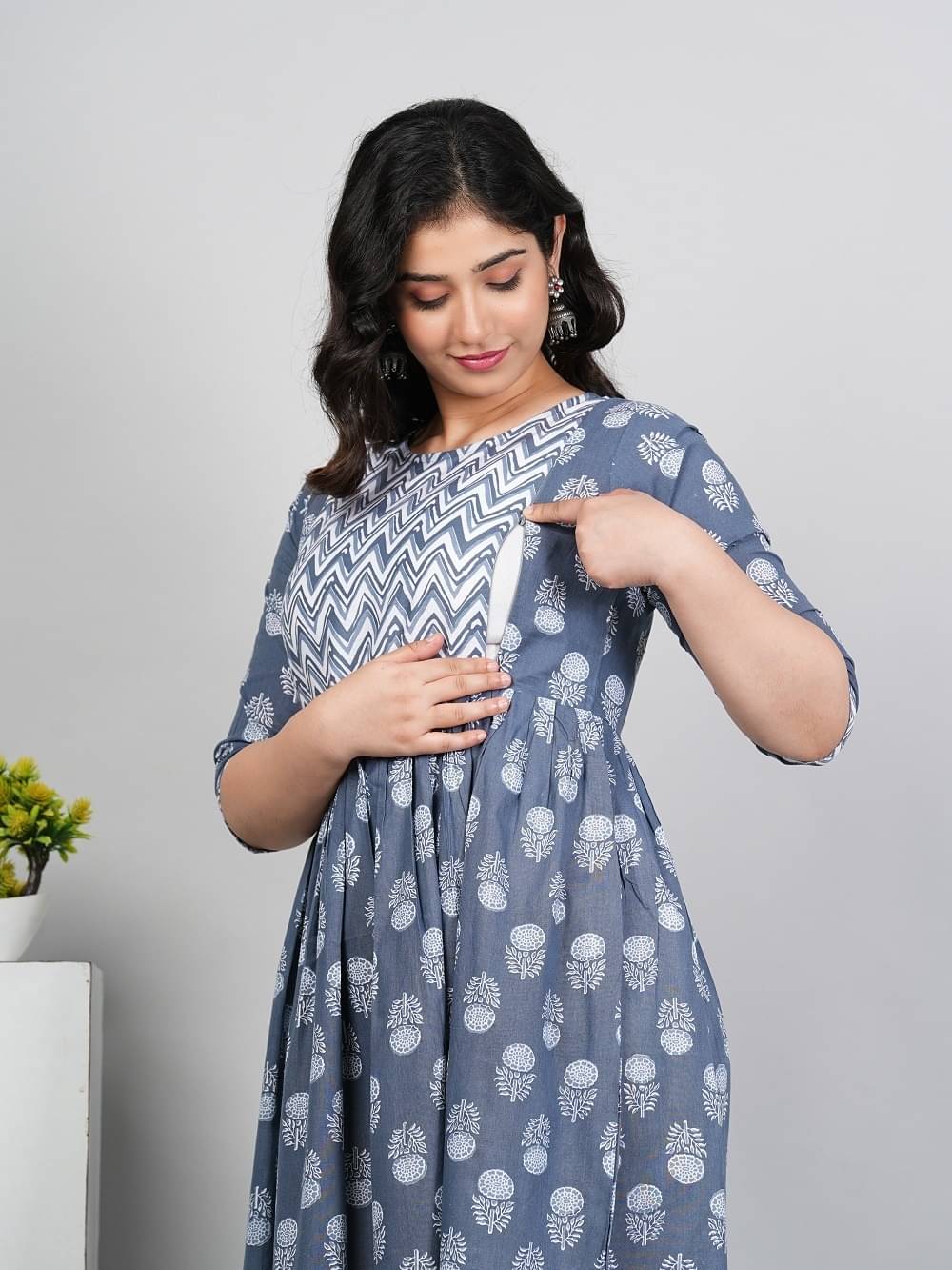 Hetsa Blue Cotton Maternity Kurta Hetsa Blue Cotton Maternity Kurta