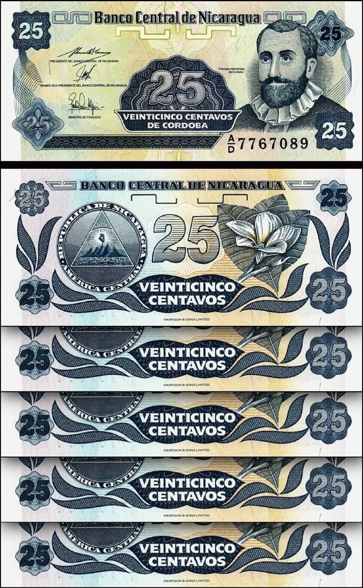     			Nicaragua 25 Centavos Consecutive Serial 5 Notes in Top Grade Gem UNC