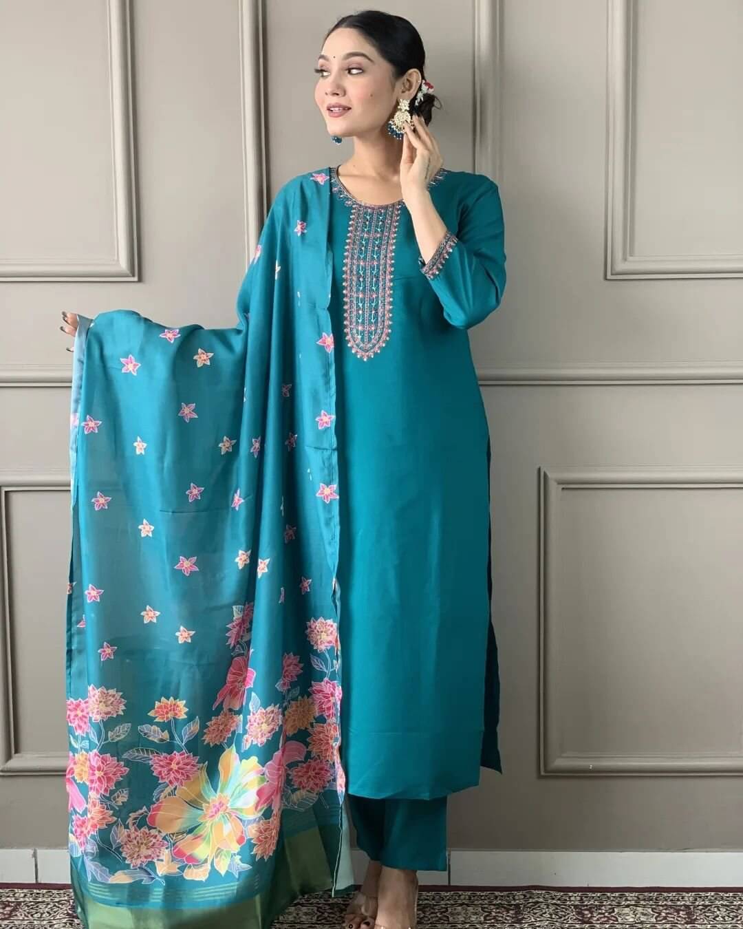     			PURVAIYA CREATION Silk Blend Embroidered Kurti With Pants Women's Stitched Salwar Suit - Blue ( Pack of 1 )