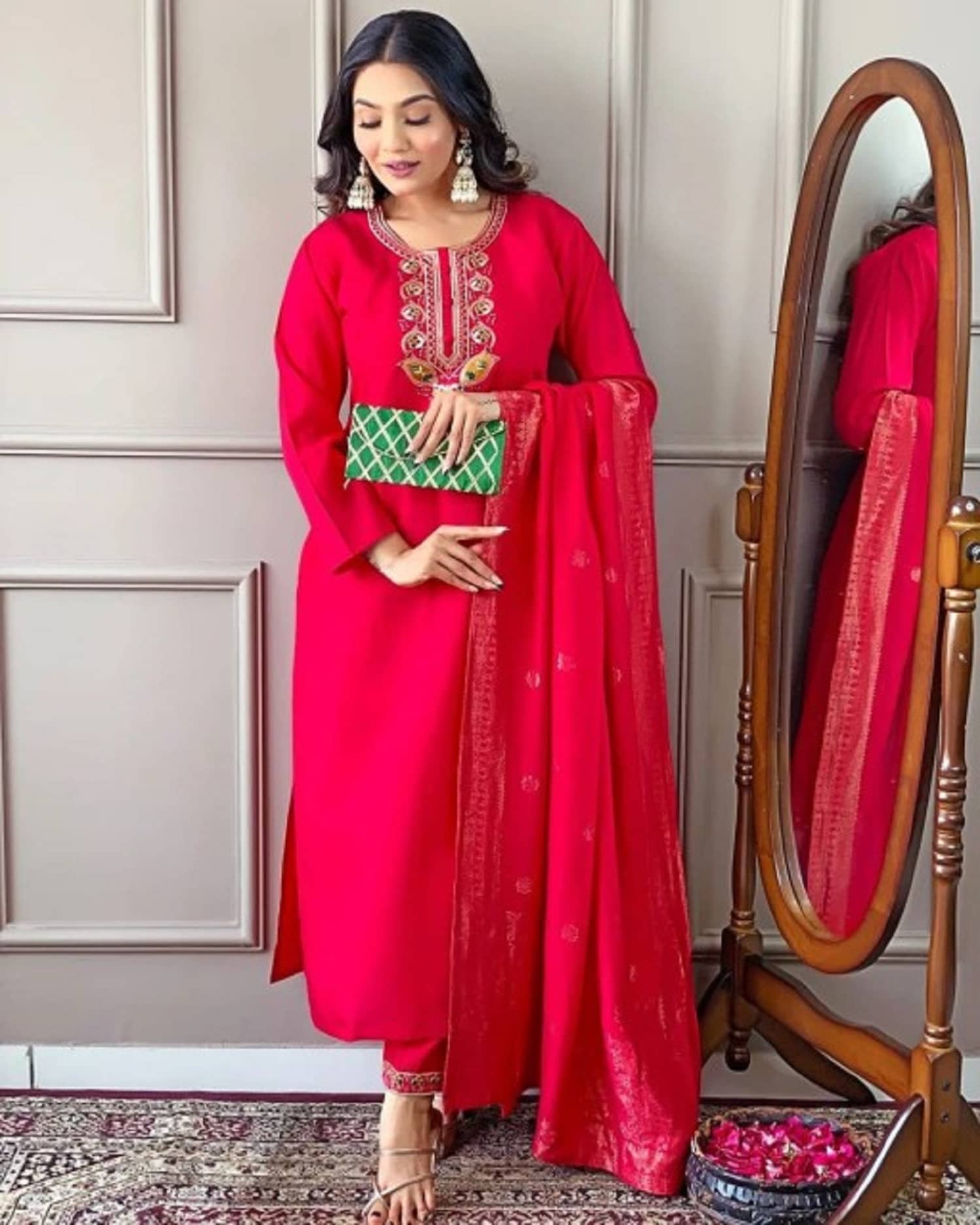 PURVAIYA CREATION Silk Blend Embroidered Kurti With Pants Women's Stitched Salwar Suit - Pink ( Pack of 1 )