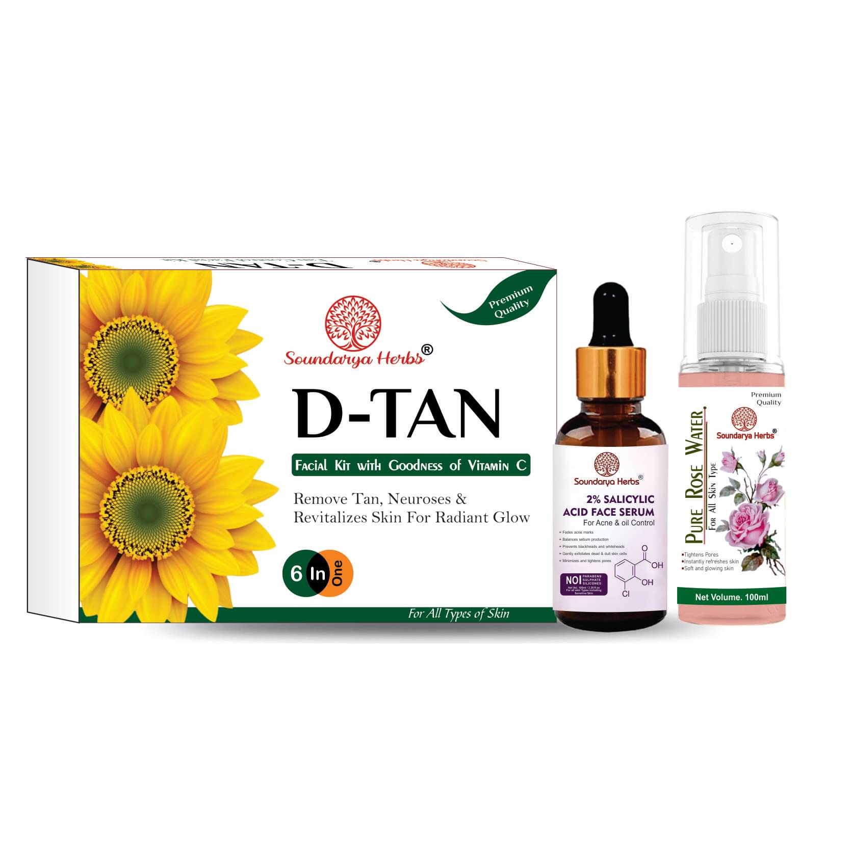 Soundarya Herbs D tan Facial Kit, 2% salicylic acid Face Serum & Pure Pose Water Skin Brightening Combo Set Soundarya Herbs D tan Facial Kit, 2% salicylic acid Face Serum & Pure Pose Water Skin Brightening Combo Set