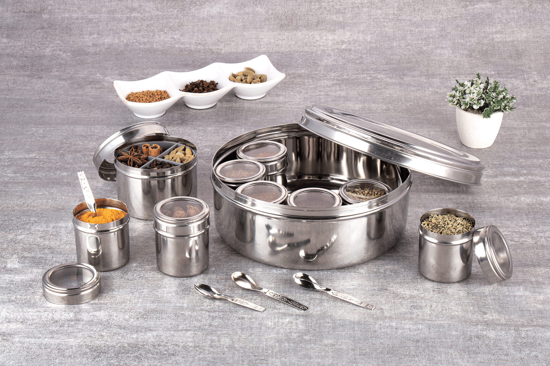     			Visaxmi 12 in 1 Spice Box Steel Silver Spice Container ( Set of 12 )