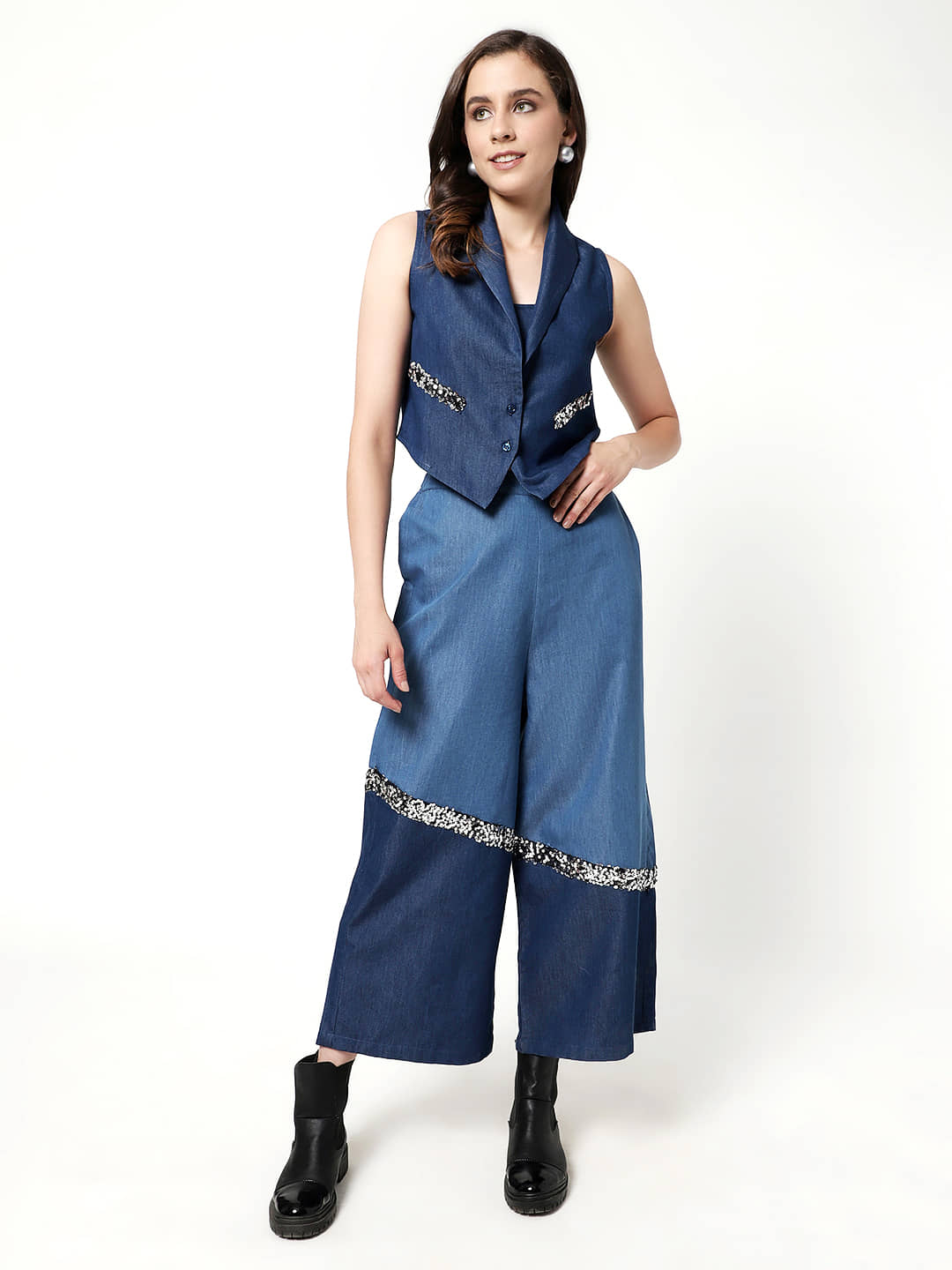 Zima Leto Women Solid Coat With Trousers Co-Ord Set ( Blue )