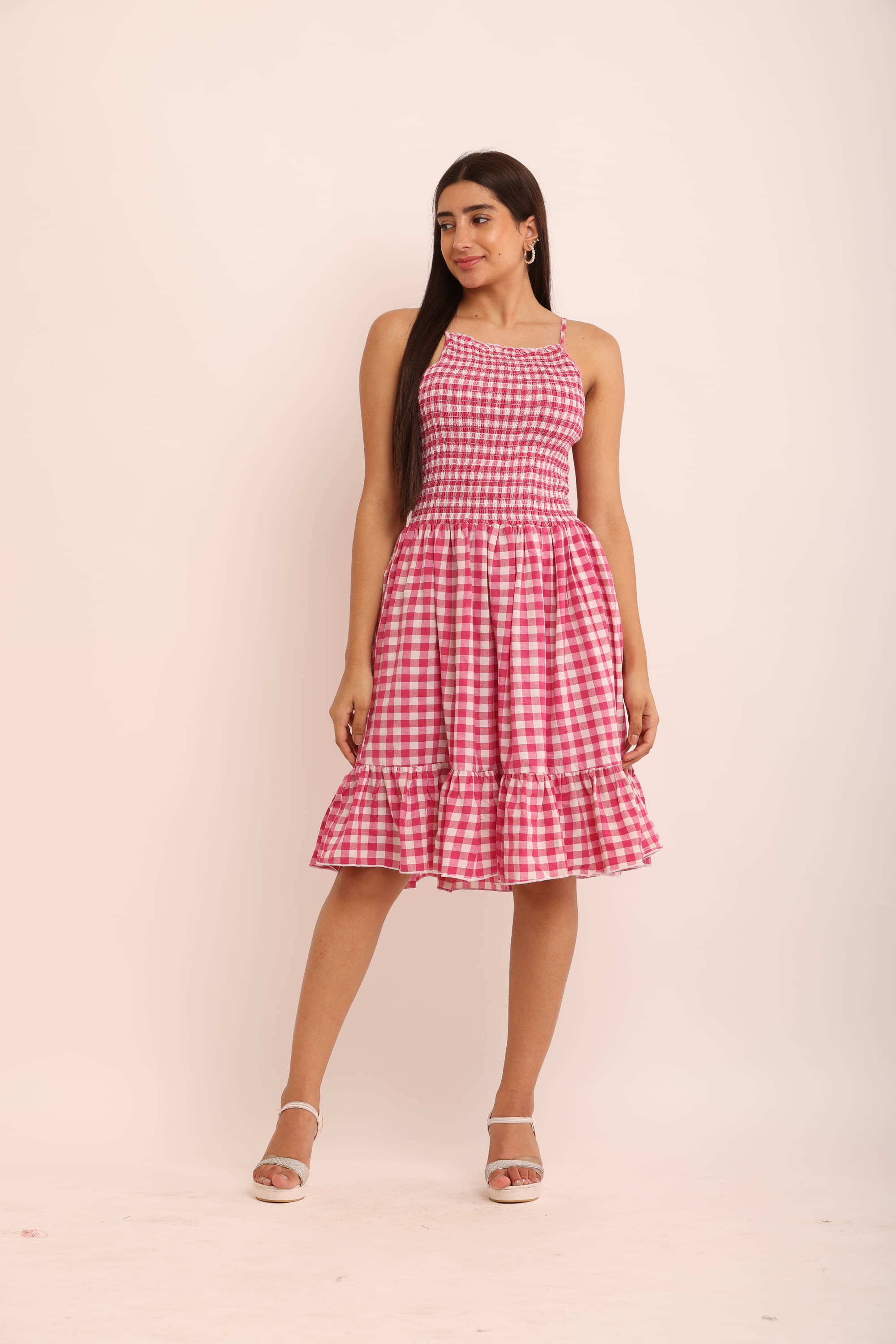     			angad tewatia Cotton Checks Knee Length Women's Fit & Flare Dress - Pink ( Pack of 1 )