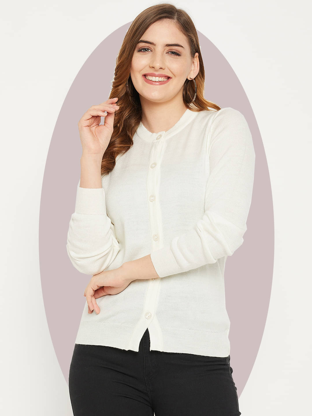     			zigo Acro Wool Round Neck Women's Buttoned Cardigans - White (Pack of 1)