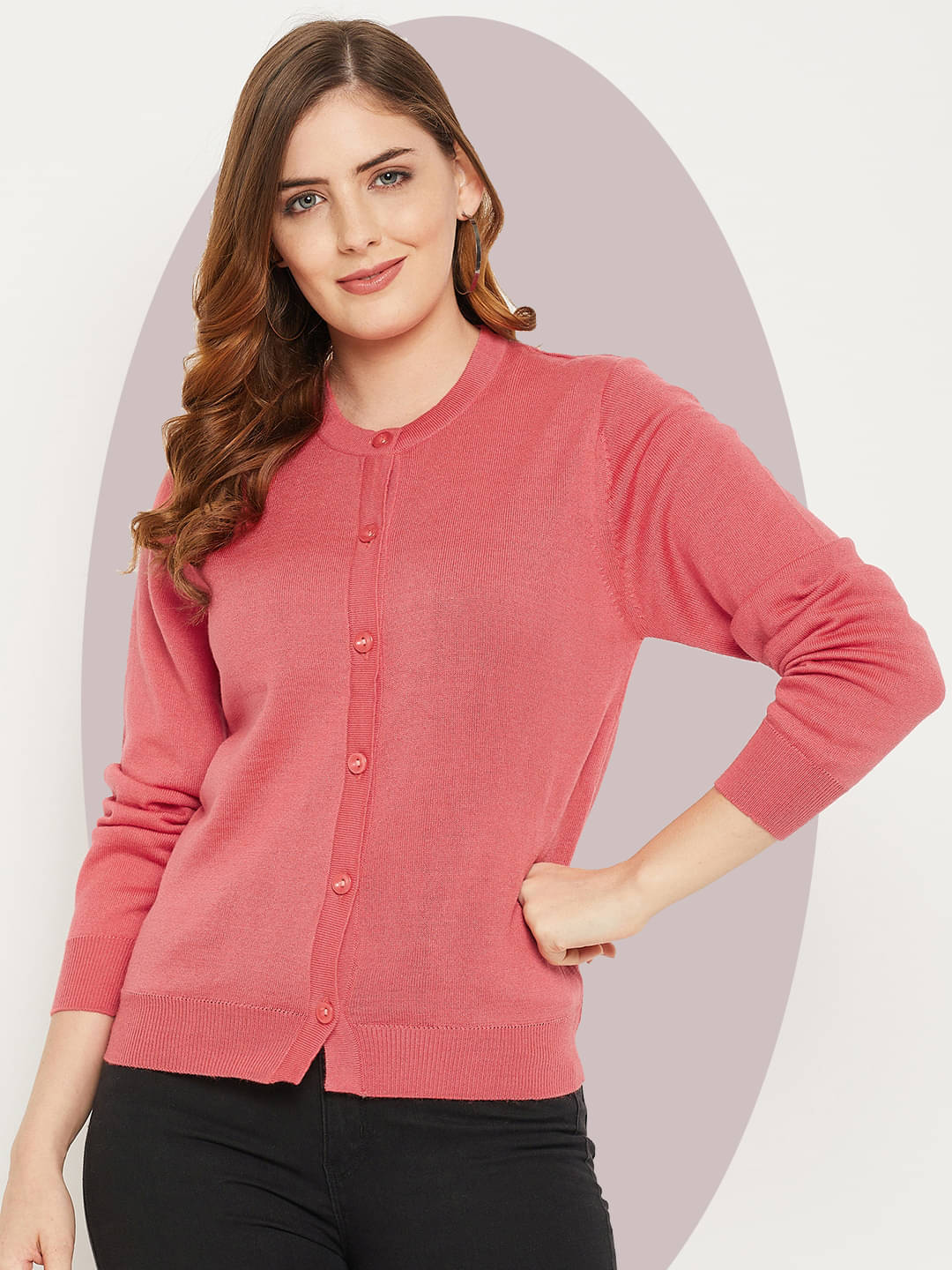     			zigo Acro Wool Round Neck Women's Buttoned Cardigans - Pink (Pack of 1)