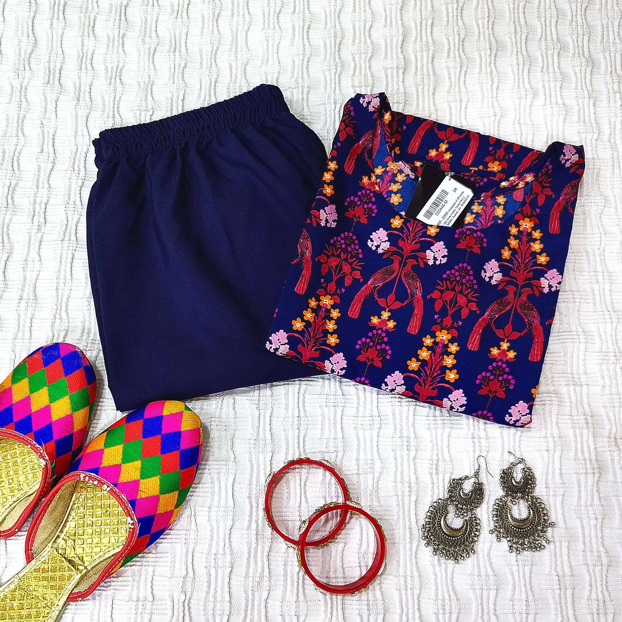     			1 Stop Fashion Crepe Printed Kurti With Pants Women's Stitched Salwar Suit - Navy Blue ( Pack of 1 )
