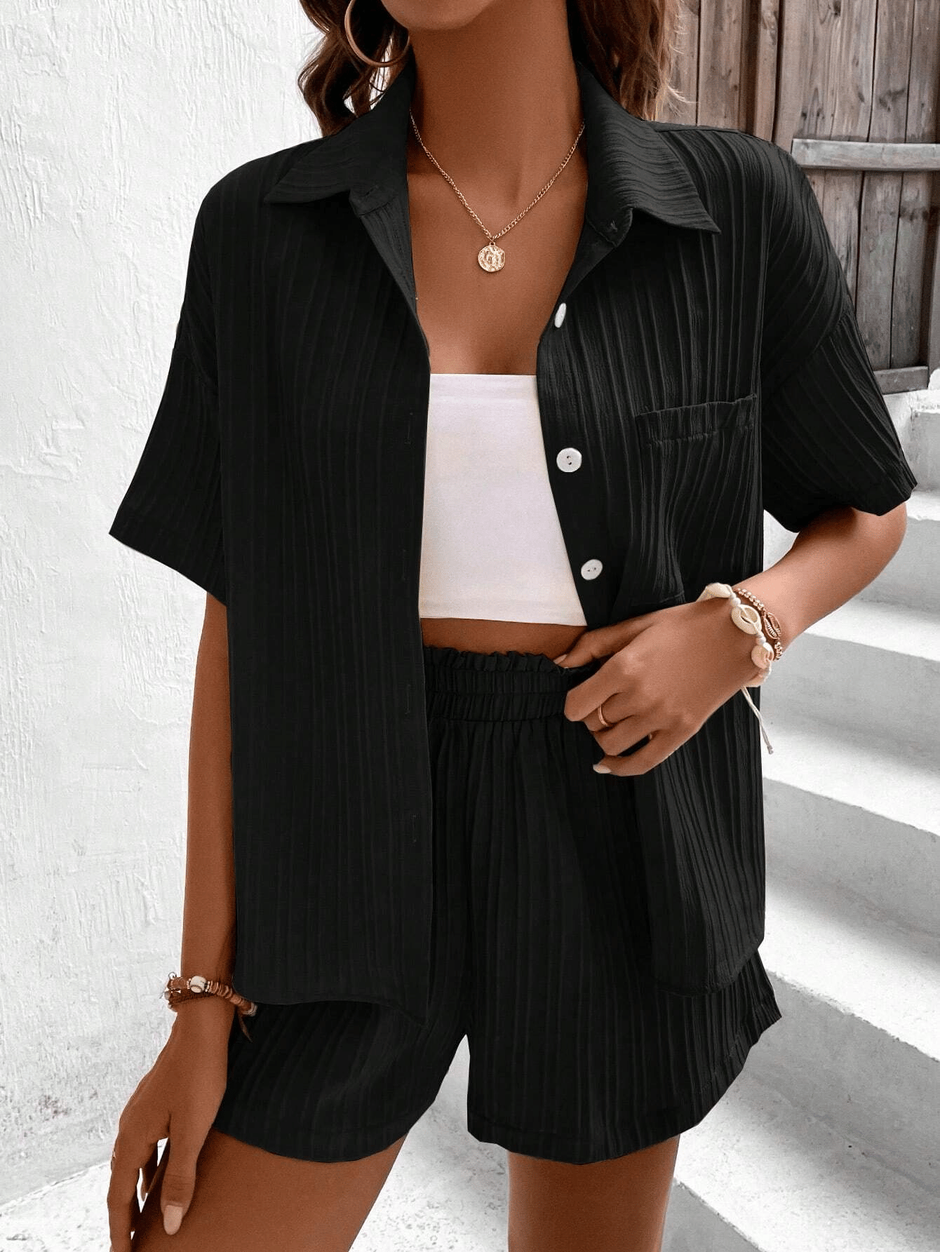    			AAPSKA Women Striped Shirt With Shorts Co-Ord Set ( Black )